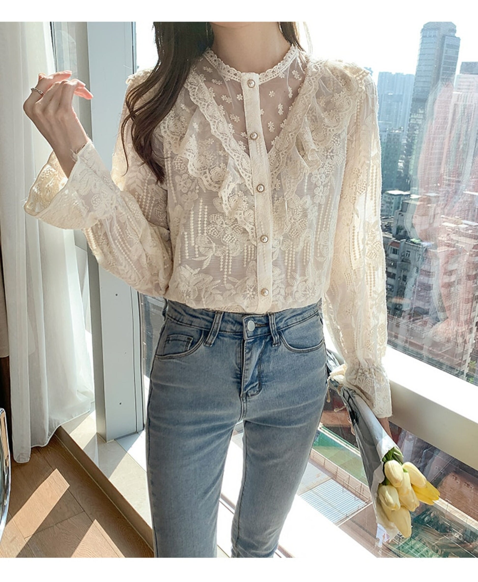 Elegant Vintage Lace Floral Blouse | Lantern Sleeve | Light Academia | Victorian Minimalist Blouse | Korean Fashion