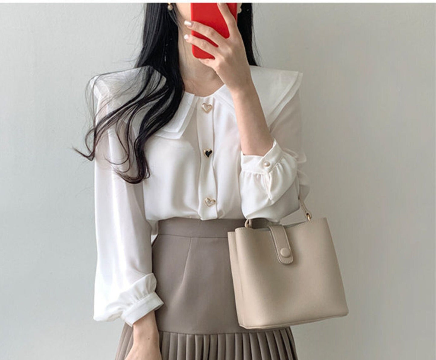 Y2K Fashion Minimalist Elegant Heart Buttoned Blouse | Korean Fashion | See Through Blouse | Kawaii Chiffon Top | Light Academia