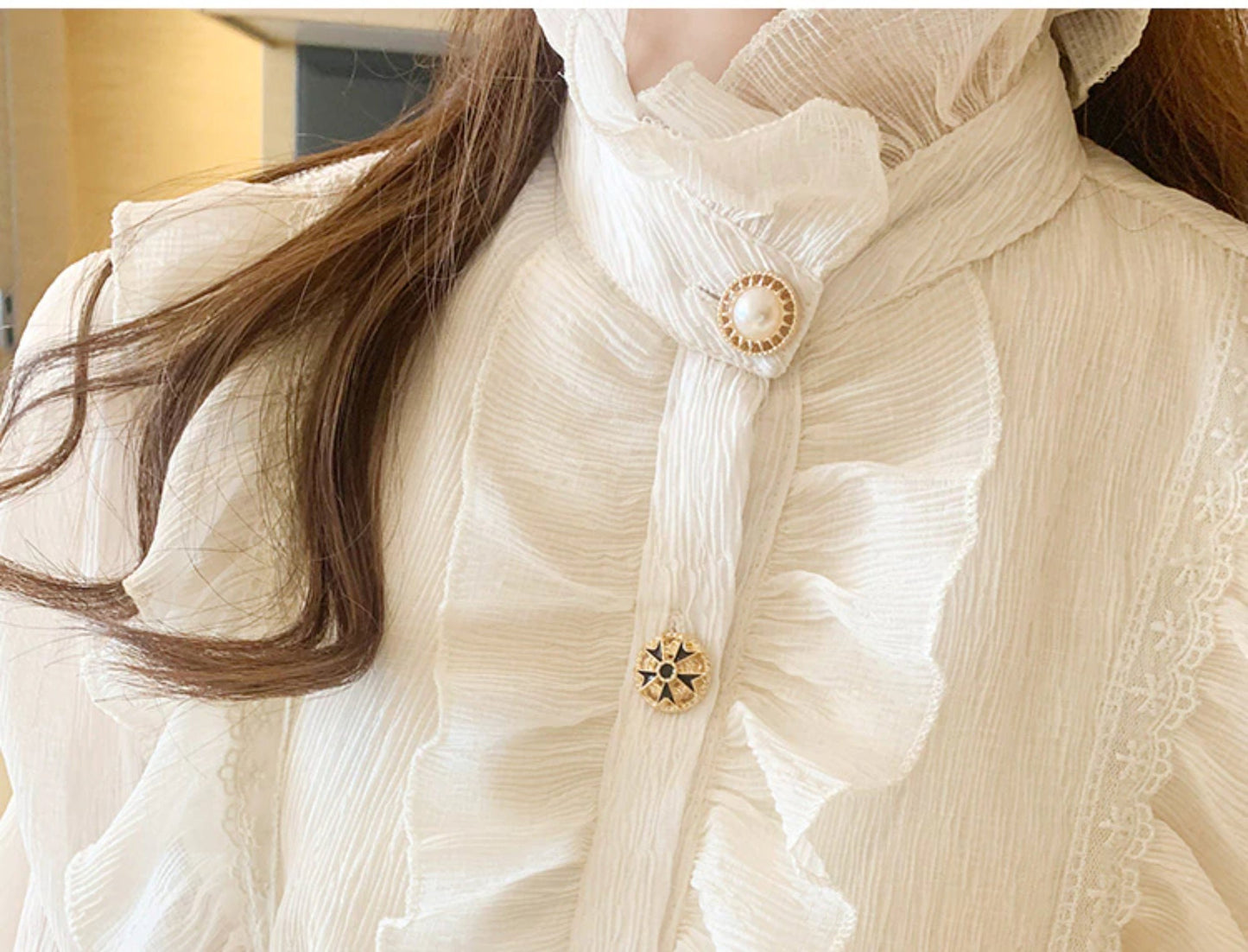 Light Academia Victorian Beige Chiffon Blouse Poet Shirt | Lace Blouse | Vintage Ruffle Turtleneck Blouse | Korean Fashion