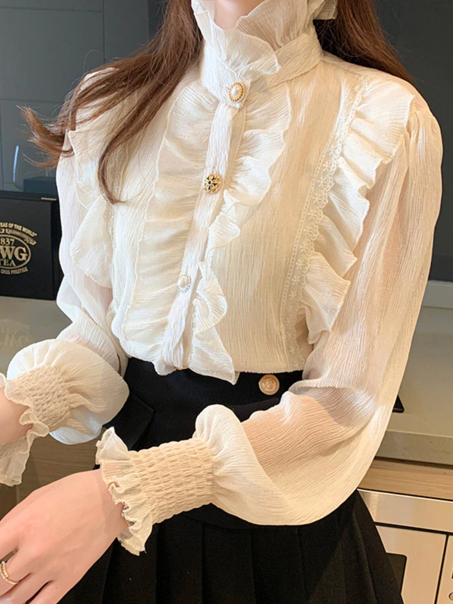 Light Academia Victorian Beige Chiffon Blouse Poet Shirt | Lace Blouse | Vintage Ruffle Turtleneck Blouse | Korean Fashion