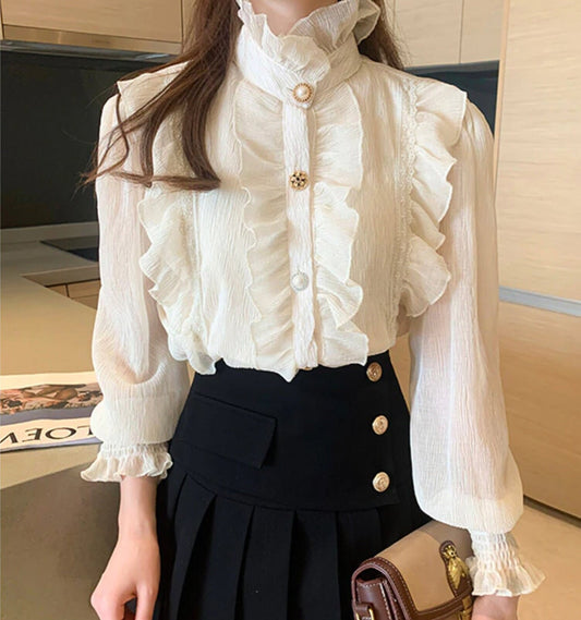 Light Academia Victorian Beige Chiffon Blouse Poet Shirt | Lace Blouse | Vintage Ruffle Turtleneck Blouse | Korean Fashion