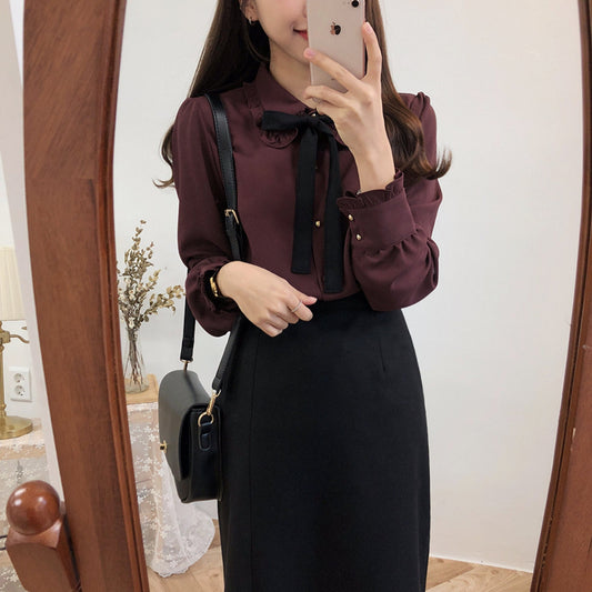 Chiffon Ouji Fashion Japanese Highschool Style Kawaii Blouse | Y2K Peter Pan Collar Blouse with Bow Tie | Korean Fashion