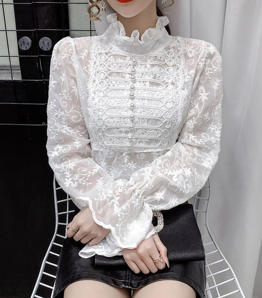 Victorian Light Academia Pearl See Through Blouse | Poet Shirt | Lace Ruffle Turtleneck Blouse | Korean Fashion