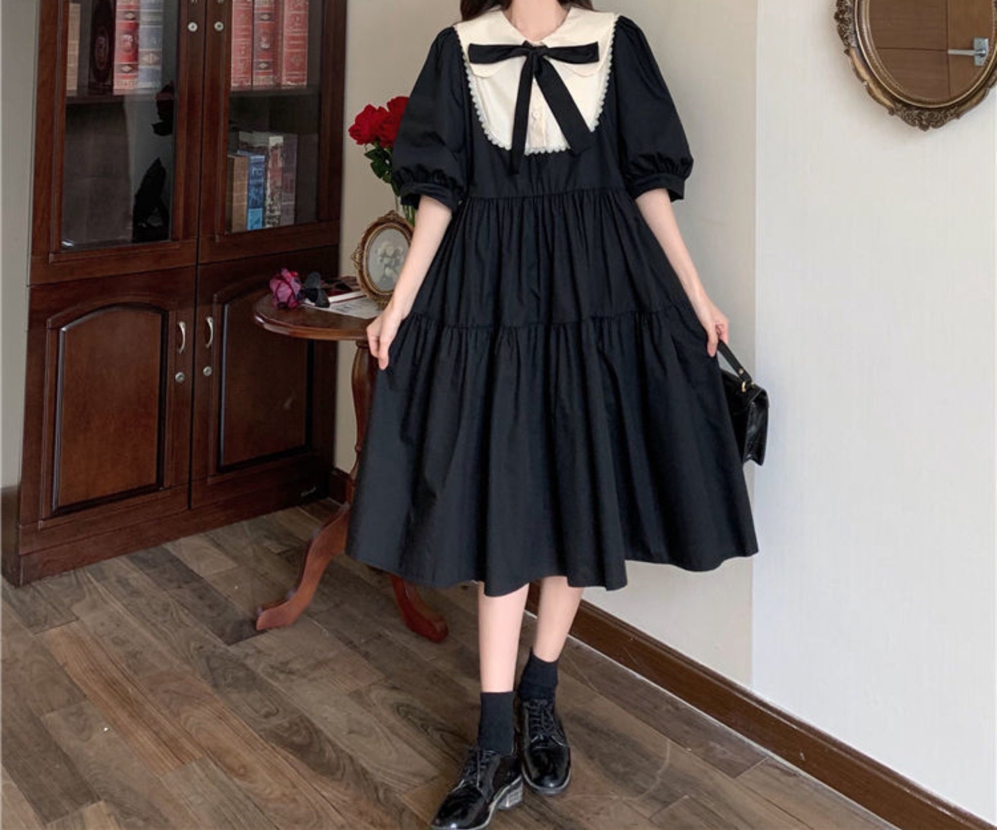 Harajuku Ouji Fashion Witch Gothic Dress | Kawaii Elegant Vintage Dress | Puff Sleeve Preppy Style Sundress