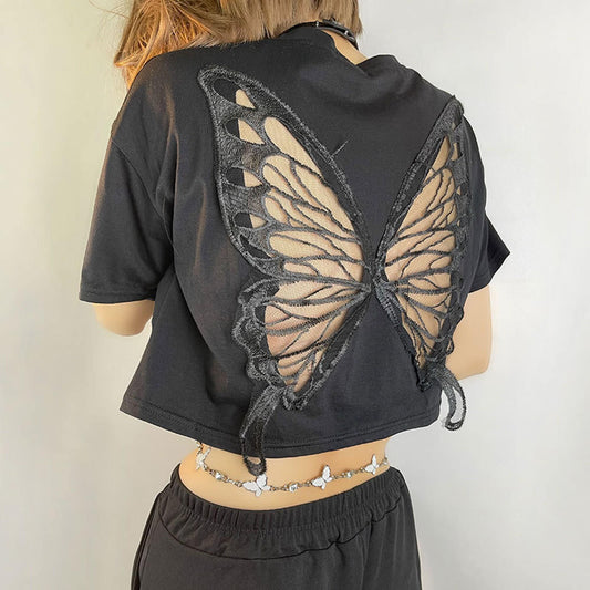 Vintage Fairy Grunge Butterfly Back T-Shirt | Japanese Streetwear Crop Top | Harajuku Fashion | Goth Clothes | Hollow Out Blouse