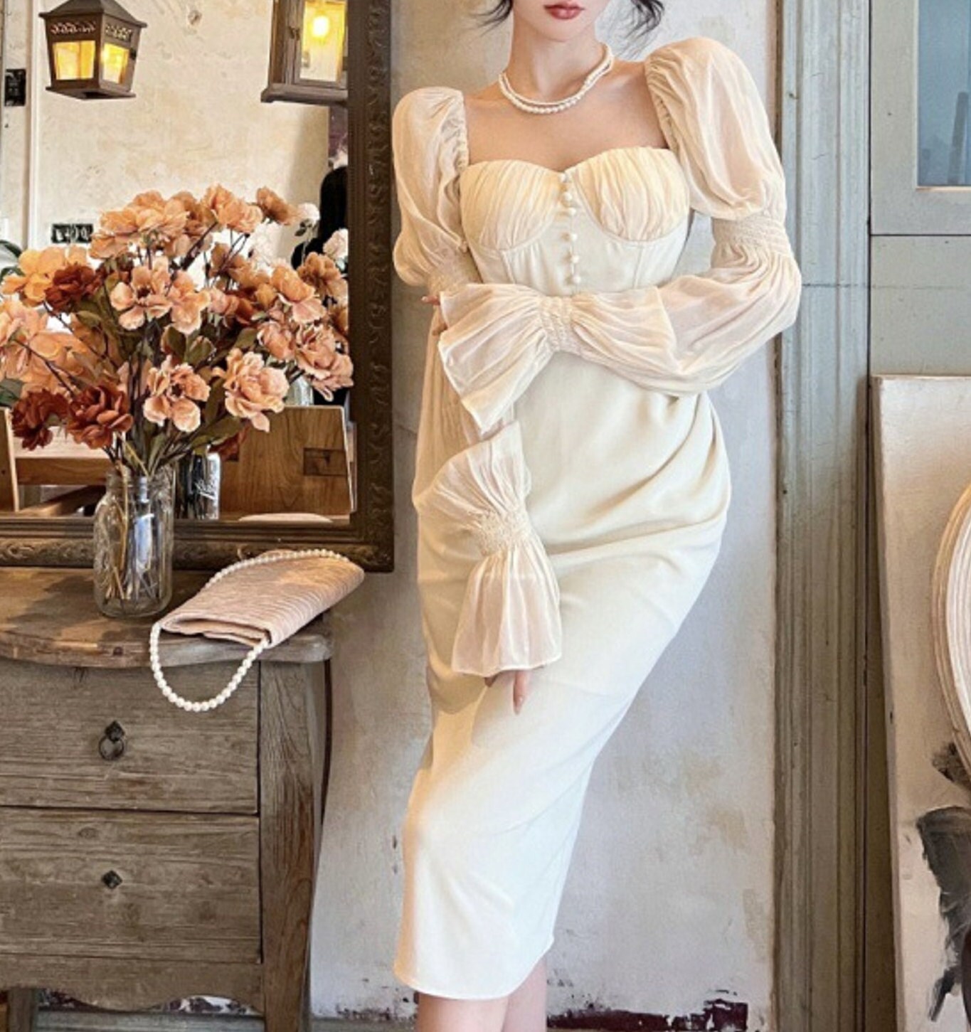 Vintage French Style Corset Dress with Sweetheart Collar | Sun Dress | Midi Fairy Dress | Cottagecore Princess Romantic Dress
