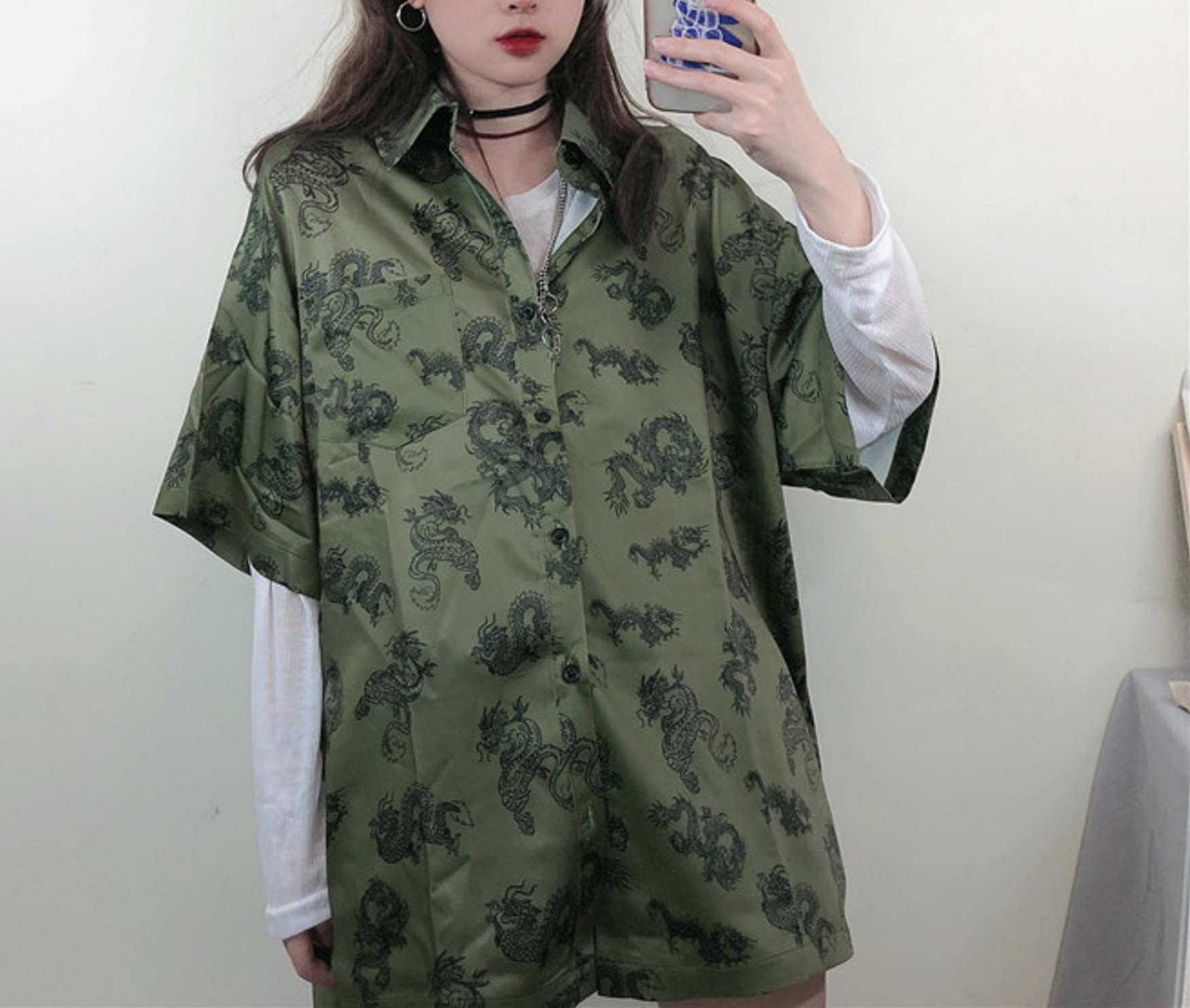 Green Harajuku Fashion Dragon Printed Silk Blouse | Gothic Japanese Streetwear | Alt Clothes | Oversize Top