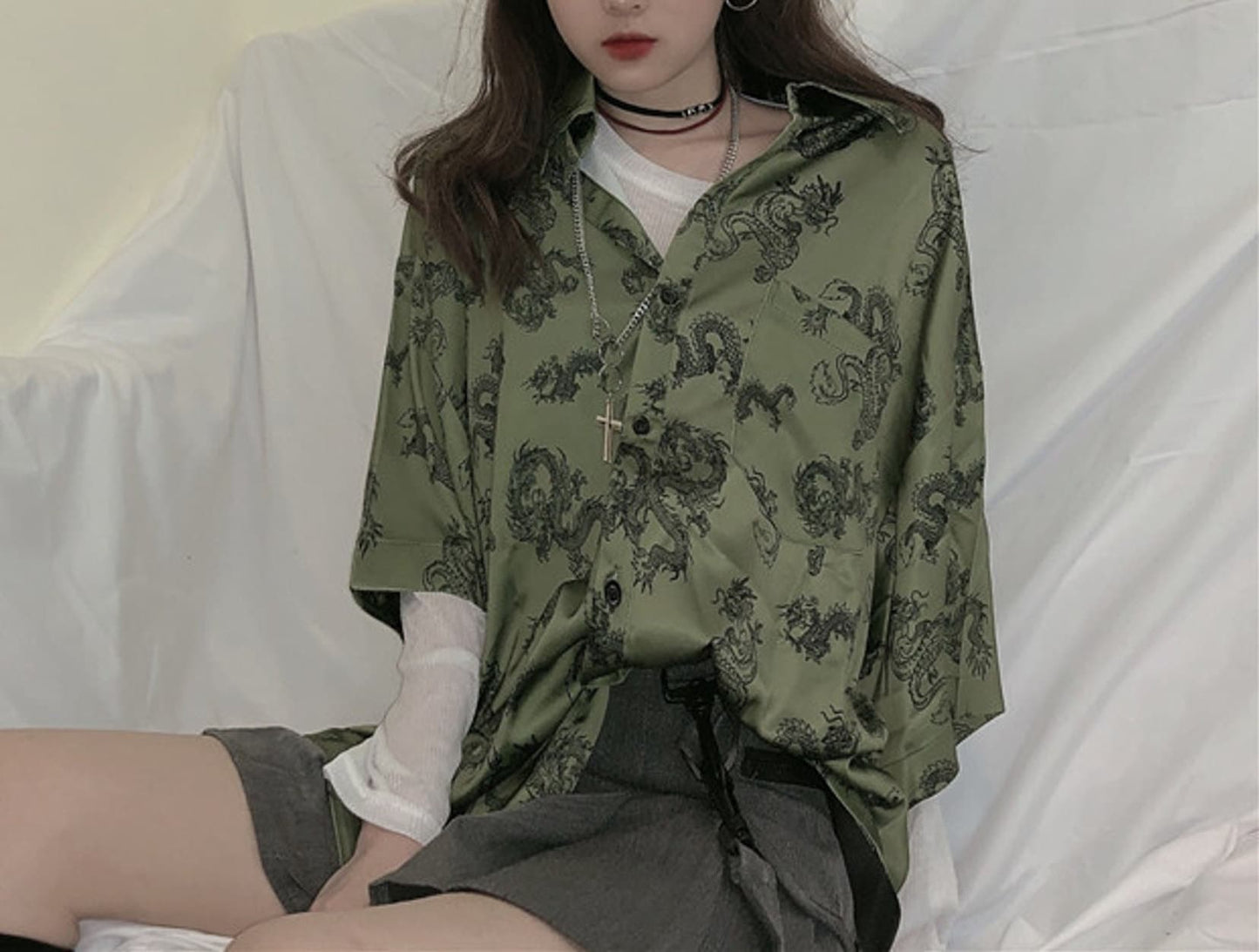 Green Harajuku Fashion Dragon Printed Silk Blouse | Gothic Japanese Streetwear | Alt Clothes | Oversize Top