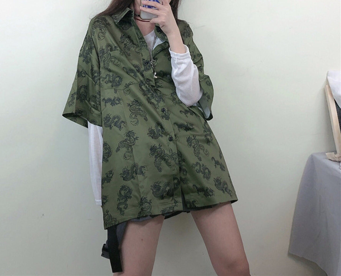 Green Harajuku Fashion Dragon Printed Silk Blouse | Gothic Japanese Streetwear | Alt Clothes | Oversize Top