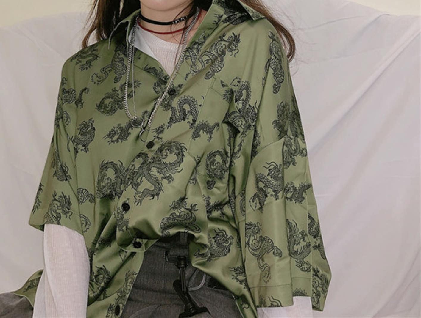 Green Harajuku Fashion Dragon Printed Silk Blouse | Gothic Japanese Streetwear | Alt Clothes | Oversize Top