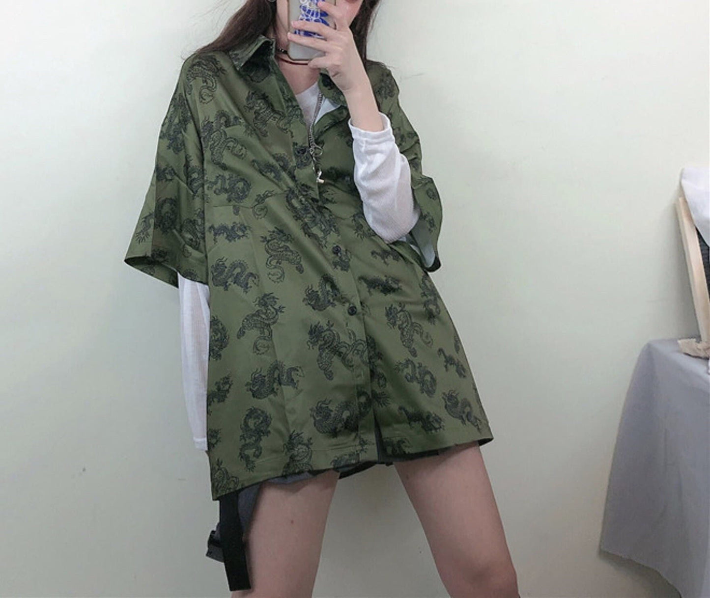 Green Harajuku Fashion Dragon Printed Silk Blouse | Gothic Japanese Streetwear | Alt Clothes | Oversize Top