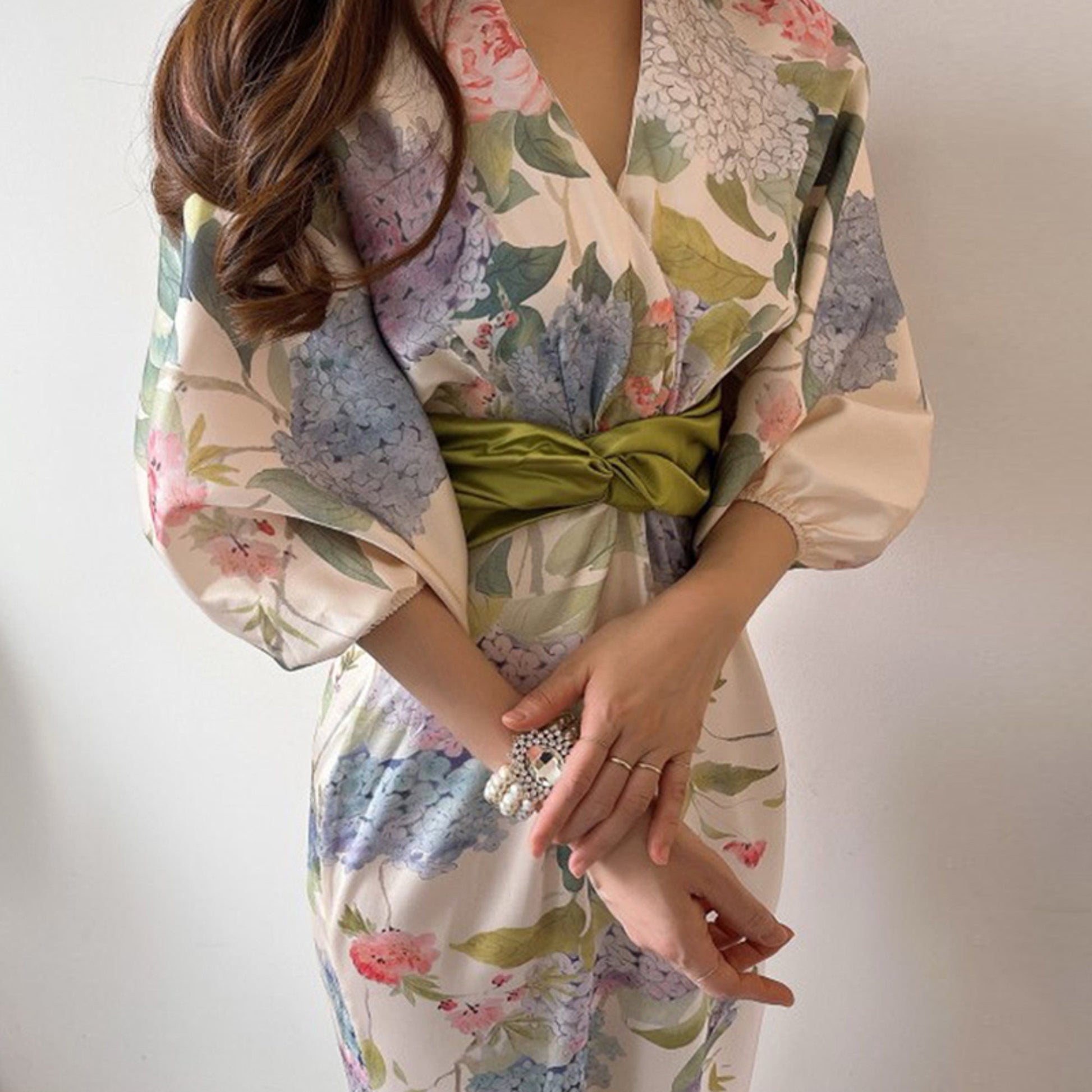 Japanese Style Robe Dress | Floral Summer Silk Dress | Ankle Length Bodycon Dress | Elegant Japanese Satin Kimono