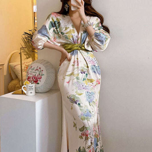 Japanese Style Robe Dress | Floral Summer Silk Dress | Ankle Length Bodycon Dress | Elegant Japanese Satin Kimono