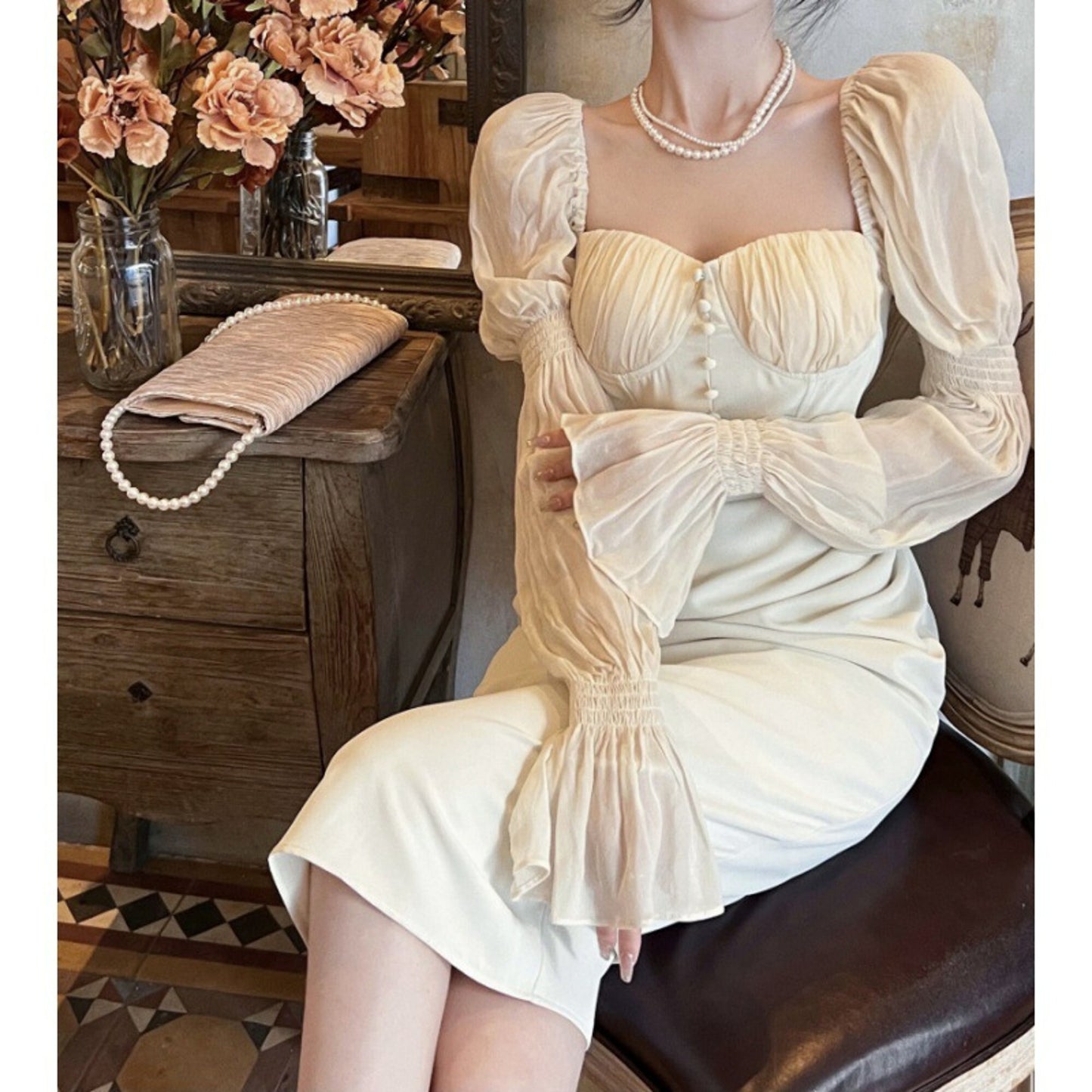 Vintage French Style Corset Dress with Sweetheart Collar | Sun Dress | Midi Fairy Dress | Cottagecore Princess Romantic Dress