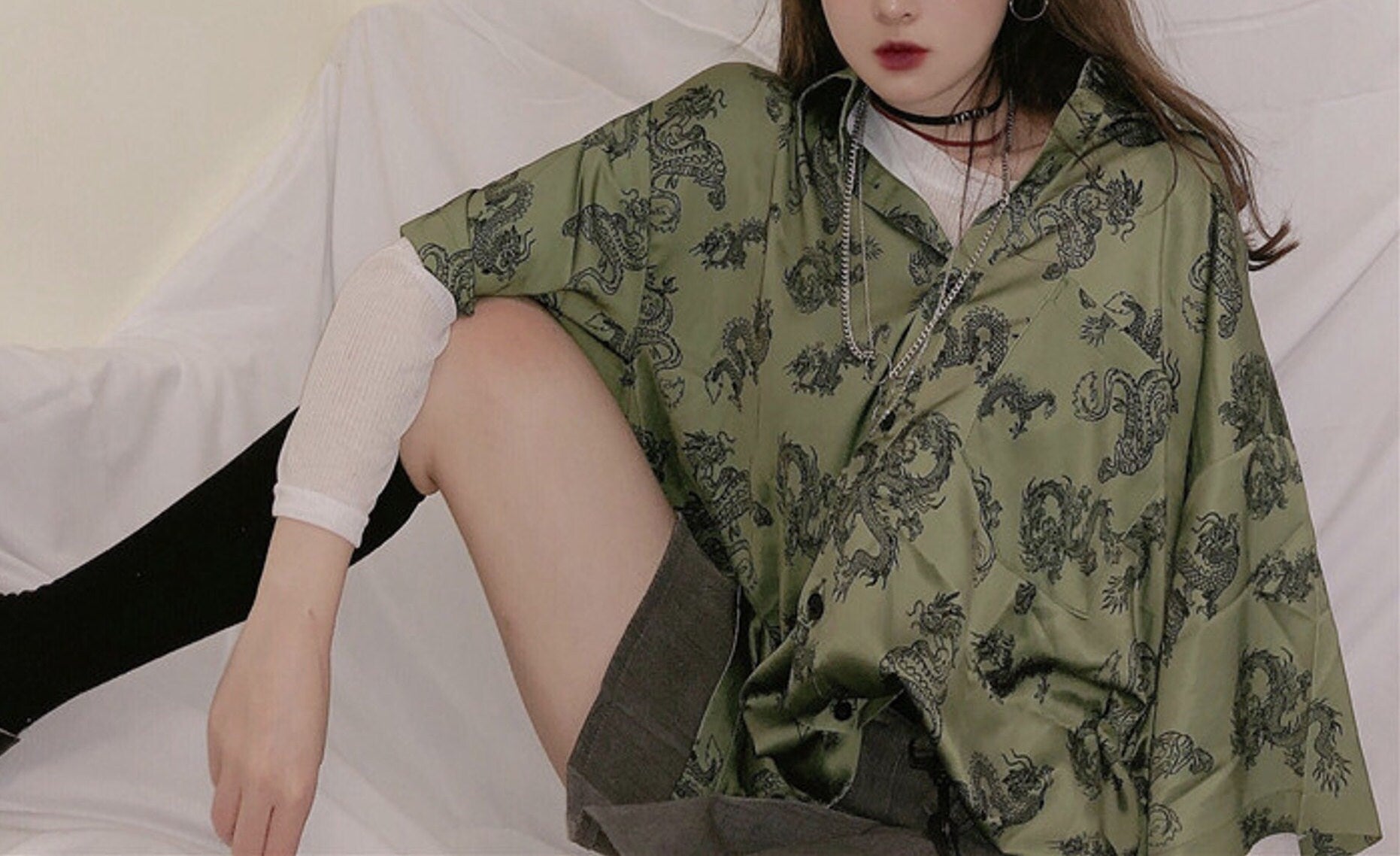 Green Harajuku Fashion Dragon Printed Silk Blouse | Gothic Japanese Streetwear | Alt Clothes | Oversize Top