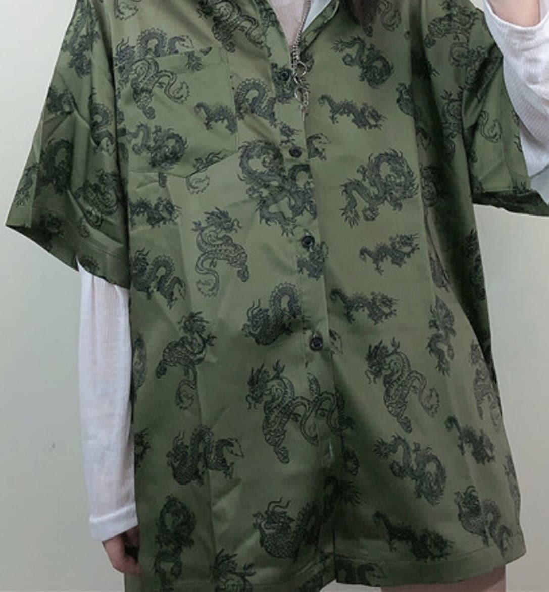 Green Harajuku Fashion Dragon Printed Silk Blouse | Gothic Japanese Streetwear | Alt Clothes | Oversize Top