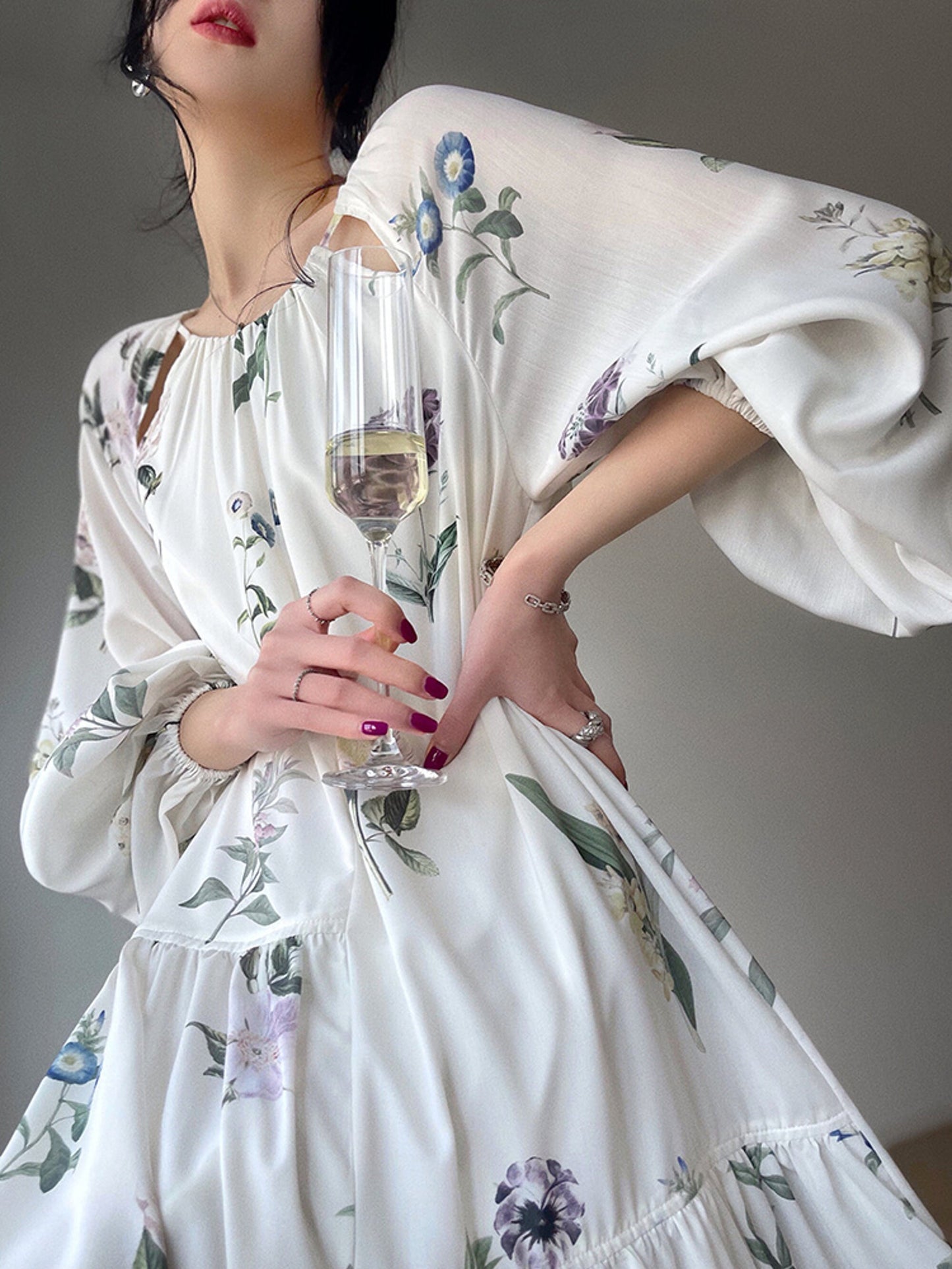 White Floral Bubble Sleeve Ankle Length Dress