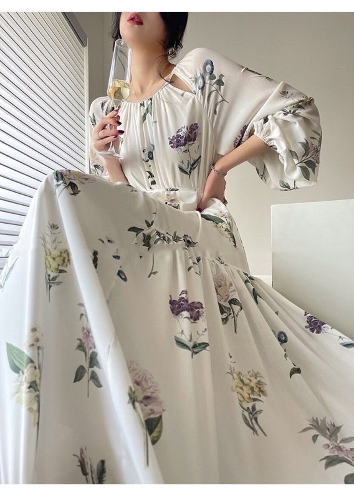 White Floral Bubble Sleeve Ankle Length Dress