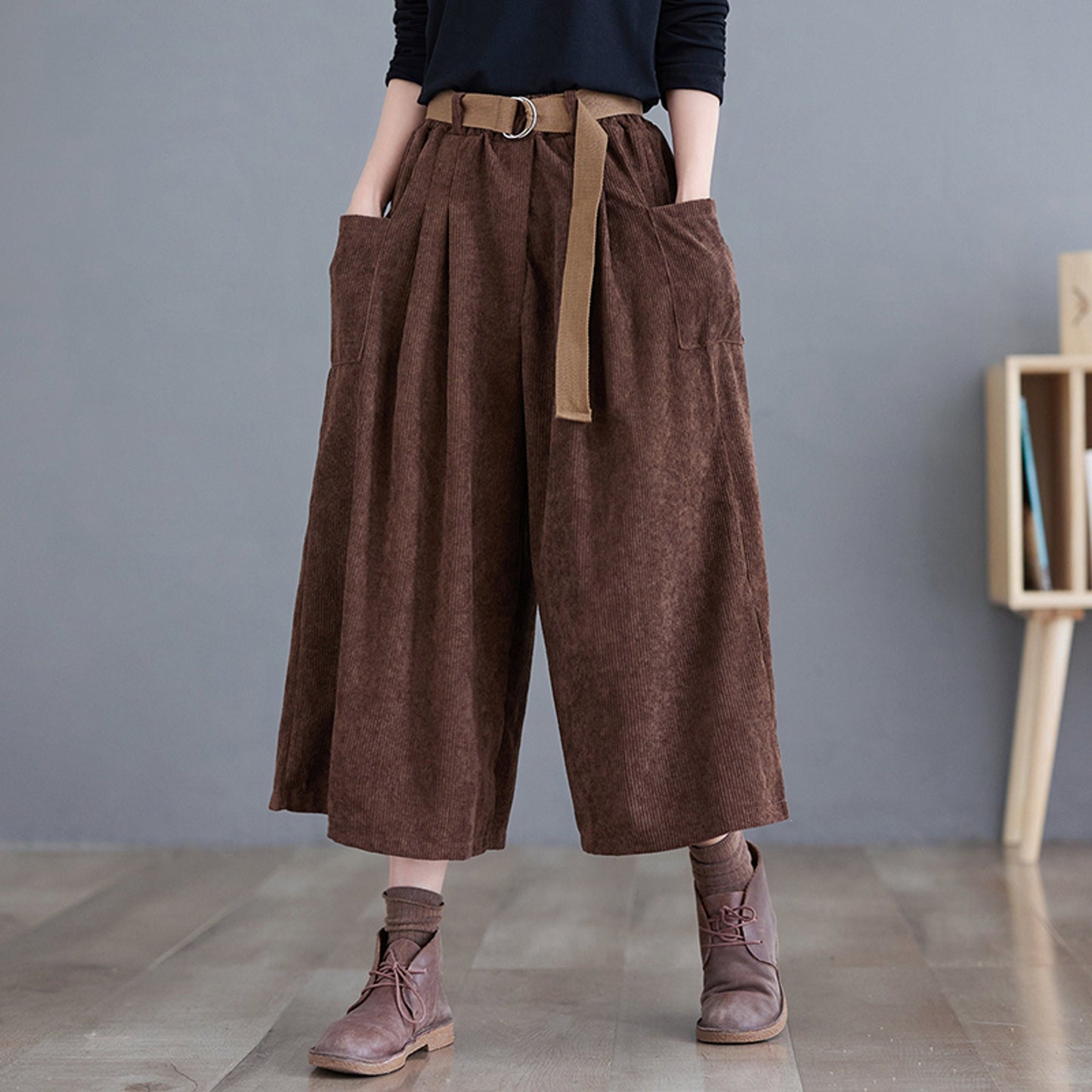 Retro Style Wide Leg Corduroy Pants with Belt | Korean Fashion High Waisted Pants | Alt Clothing