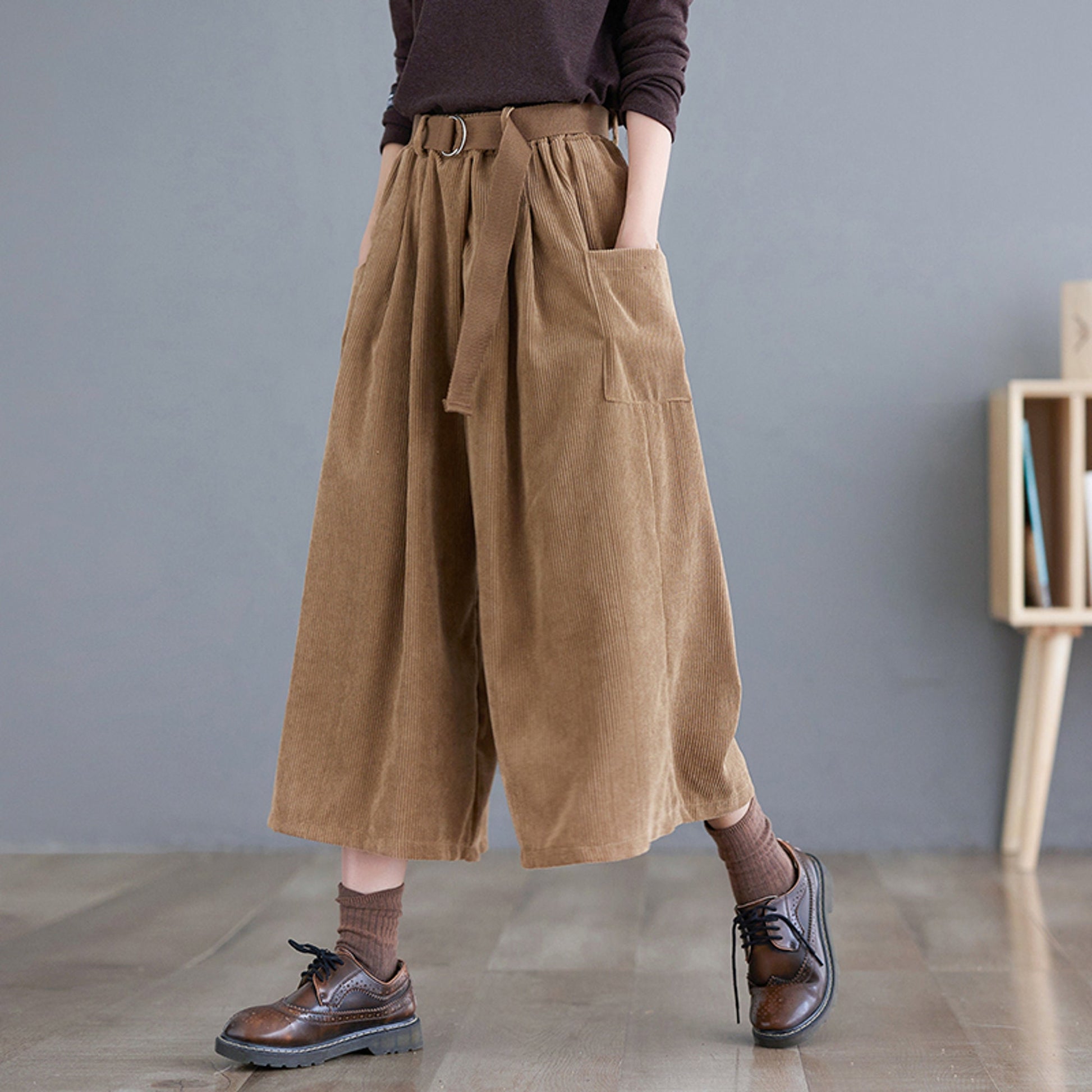 Retro Style Wide Leg Corduroy Pants with Belt | Korean Fashion High Waisted Pants | Alt Clothing