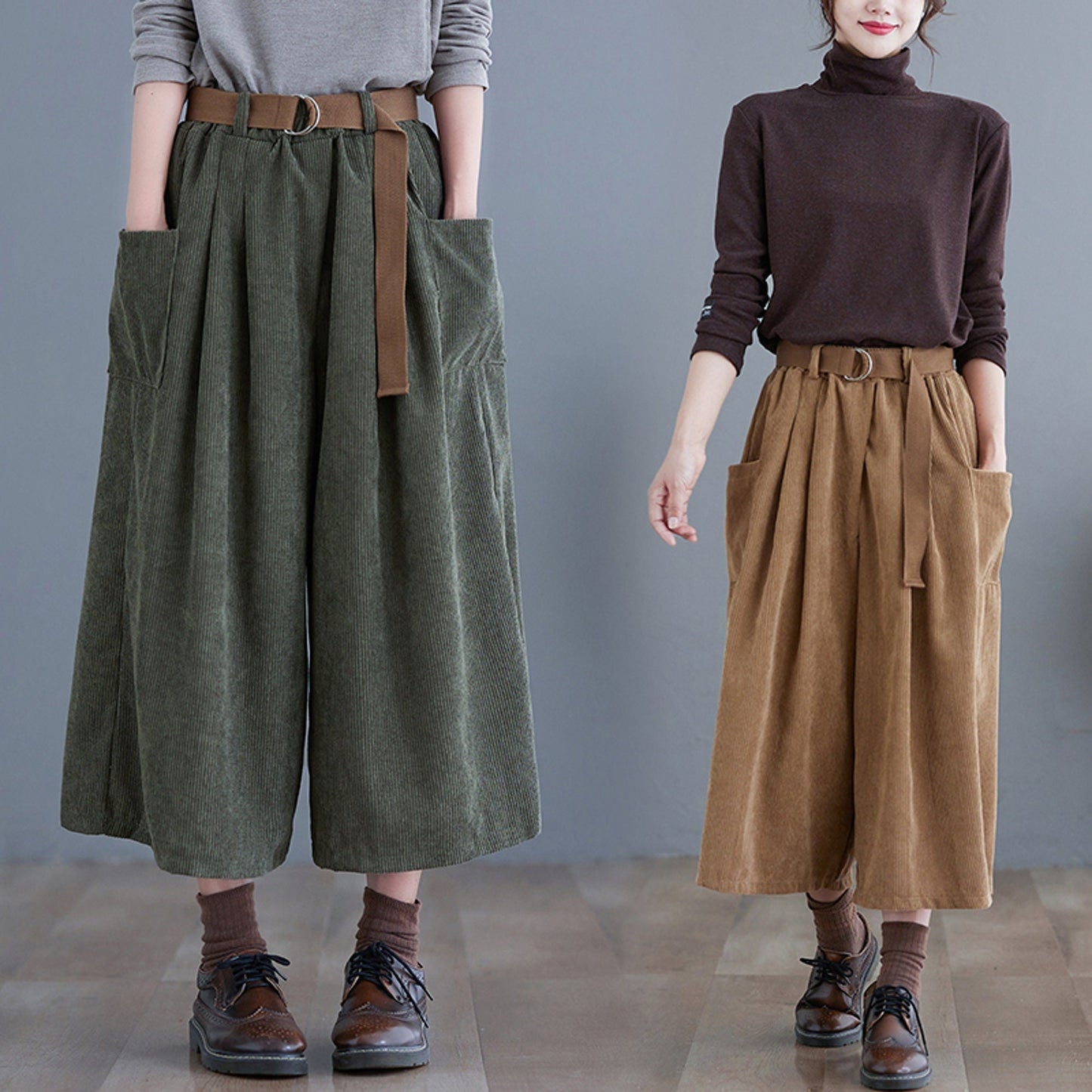 Retro Style Wide Leg Corduroy Pants with Belt | Korean Fashion High Waisted Pants | Alt Clothing