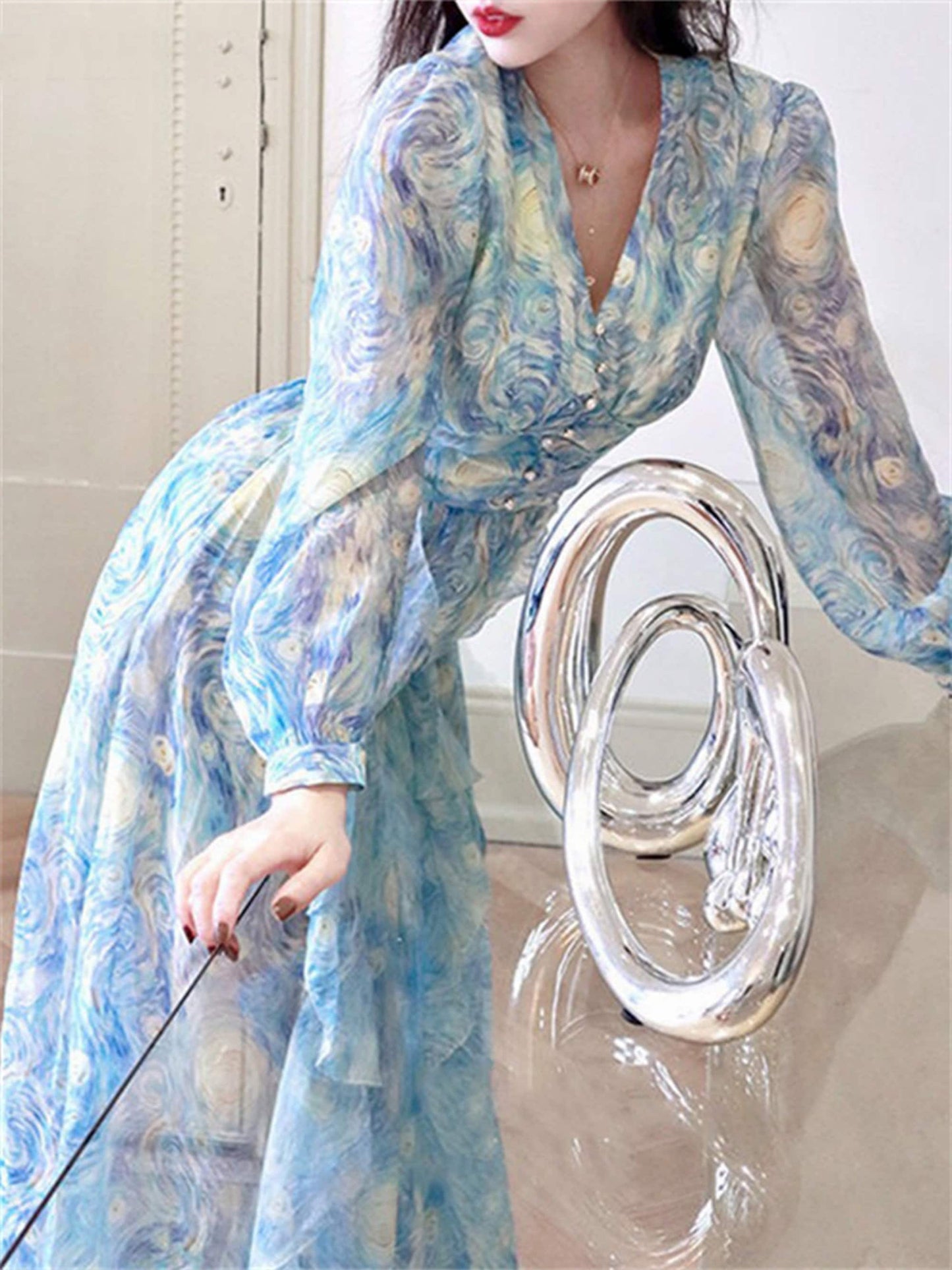 Vintage Van Gogh Starry Night Printed Chiffon Blue Party Dress | Artistic Maxi Fairy Dress | Ruffle Summer Sun Dress