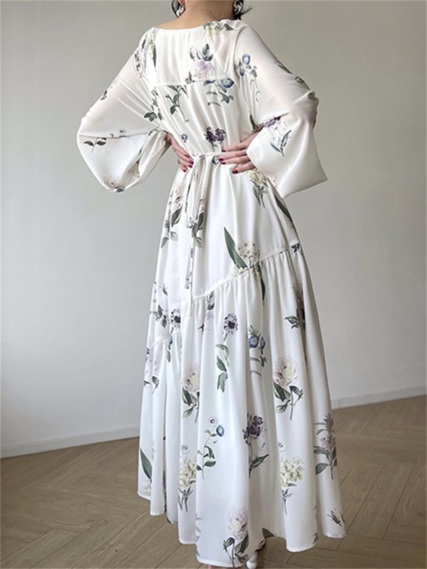 White Floral Bubble Sleeve Ankle Length Dress