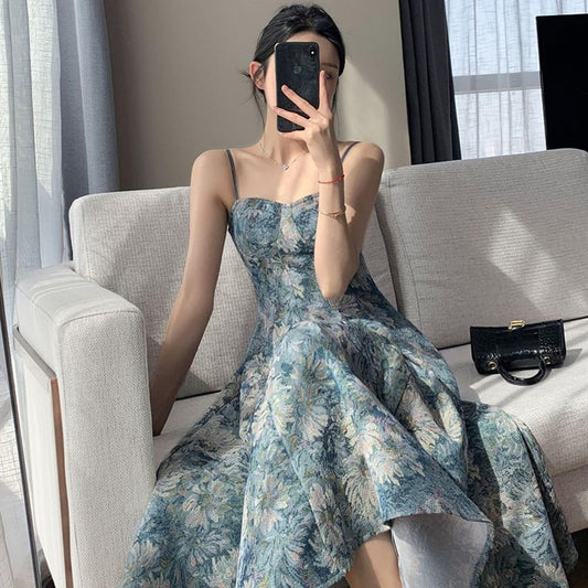 Maxi Summer Evening Dress French Style | Ruffle Sun Dress | Artistic Van Gogh Starry Night Dress