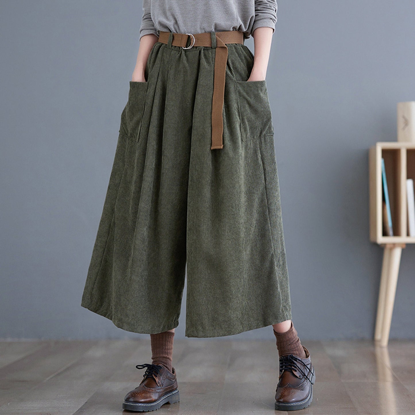 Retro Style Wide Leg Corduroy Pants with Belt | Korean Fashion High Waisted Pants | Alt Clothing