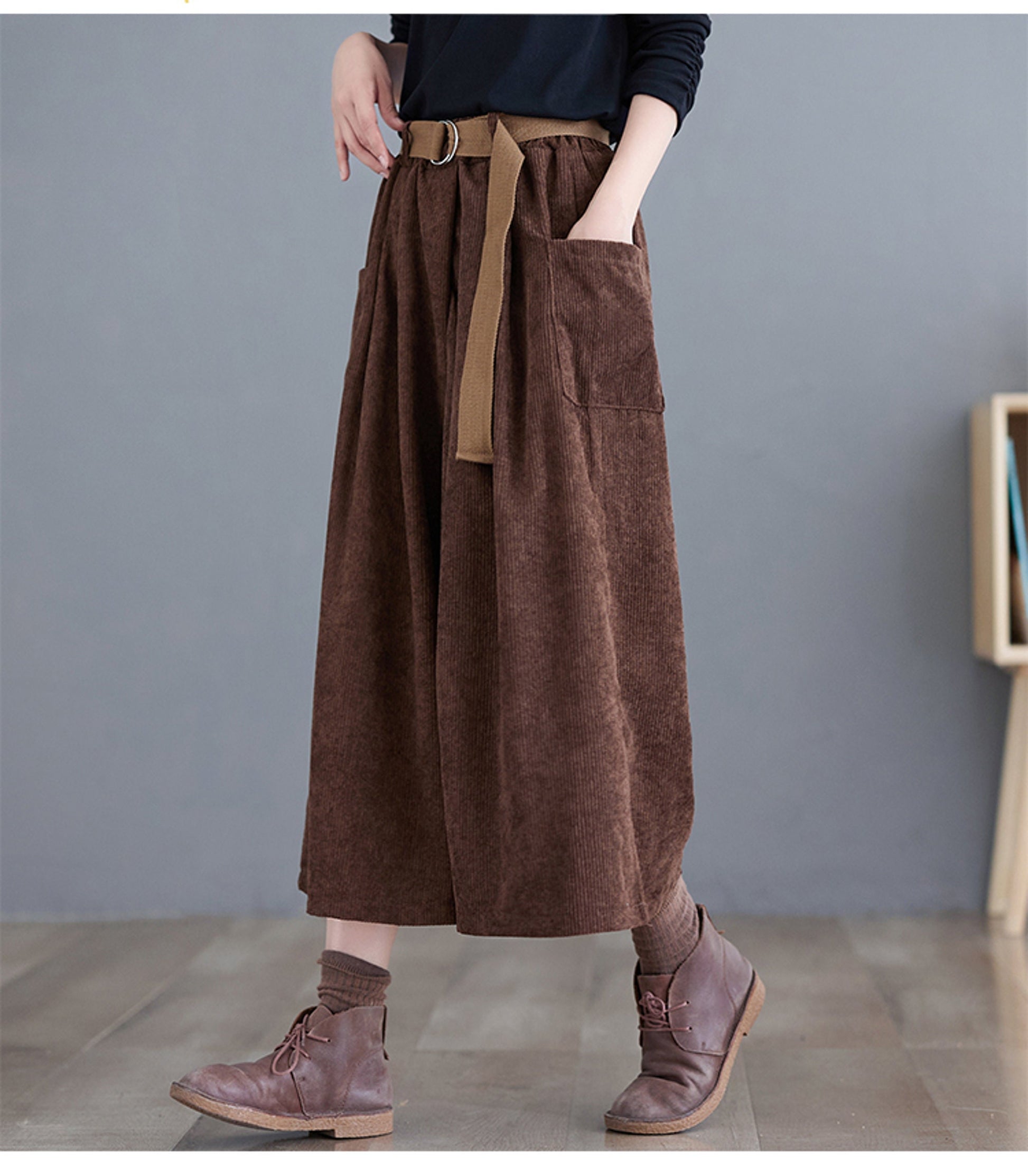 Retro Style Wide Leg Corduroy Pants with Belt | Korean Fashion High Waisted Pants | Alt Clothing