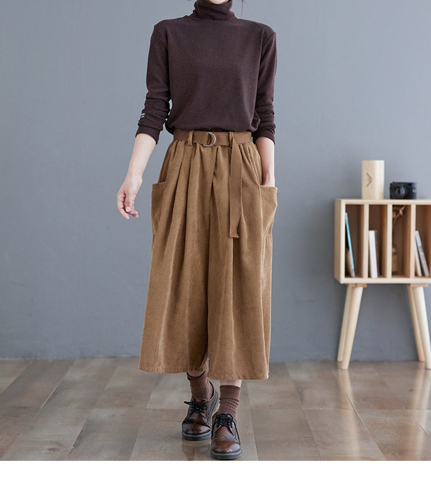 Retro Style Wide Leg Corduroy Pants with Belt | Korean Fashion High Waisted Pants | Alt Clothing