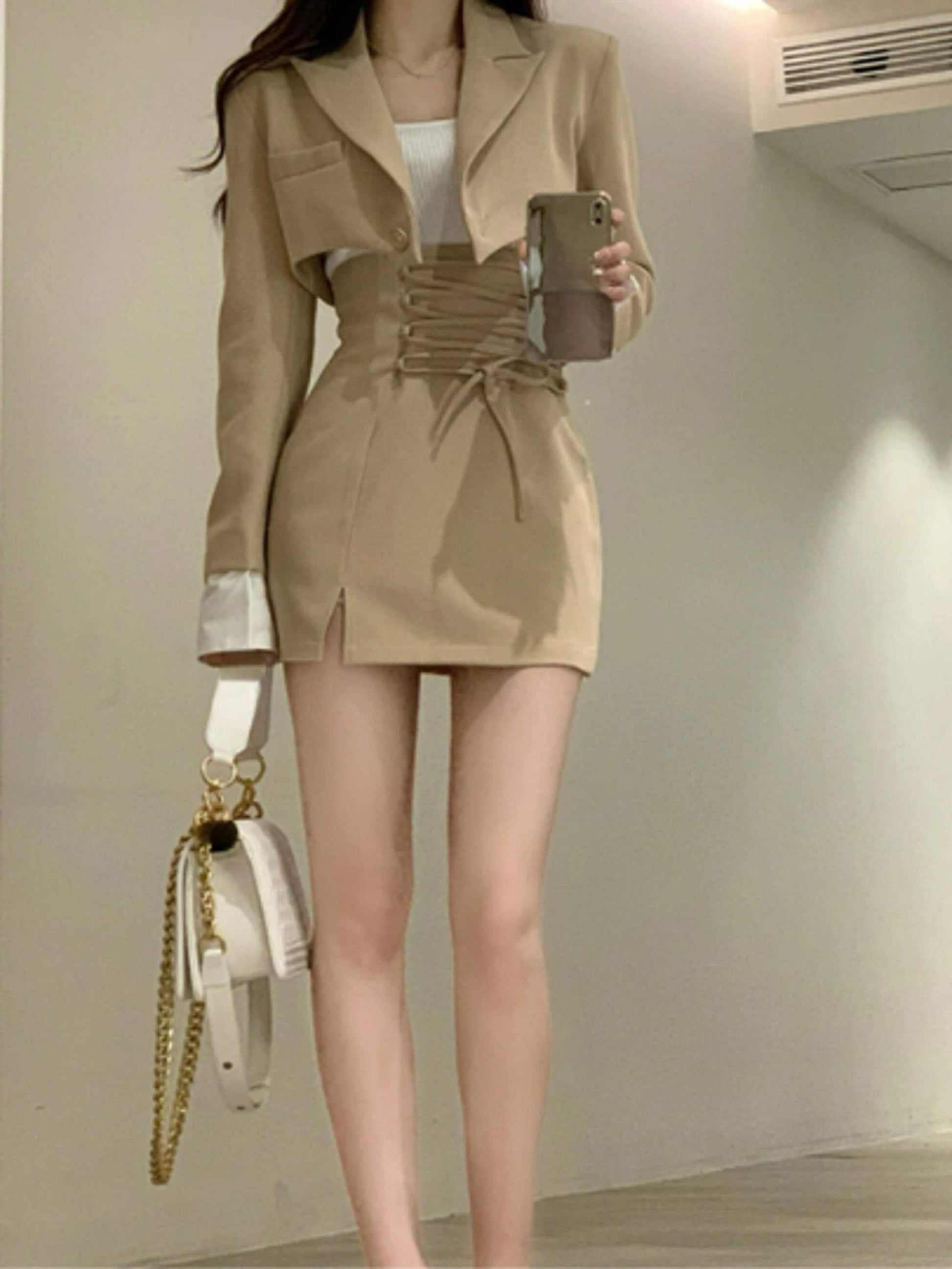 Y2K Style Three Piece Suit Dress | Light Academia Mini Skirt and Crop Blazer Jacket White Crop Top | Office | Korean Fashion