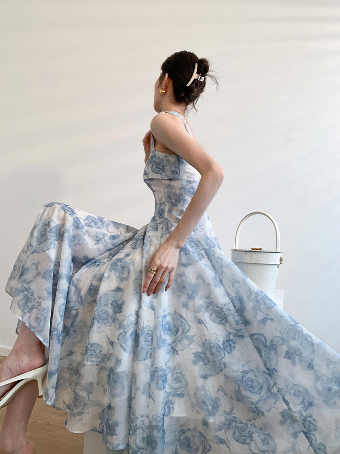 Maxi French Style Floral Blue Rose Fairy Tulle Dress | Hollow Out Square Collar Lantern Sleeve Party Midi Dress | Sun Dress