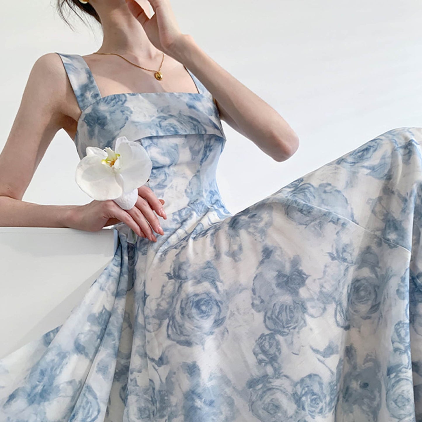 Maxi French Style Floral Blue Rose Fairy Tulle Dress | Hollow Out Square Collar Lantern Sleeve Party Midi Dress | Sun Dress