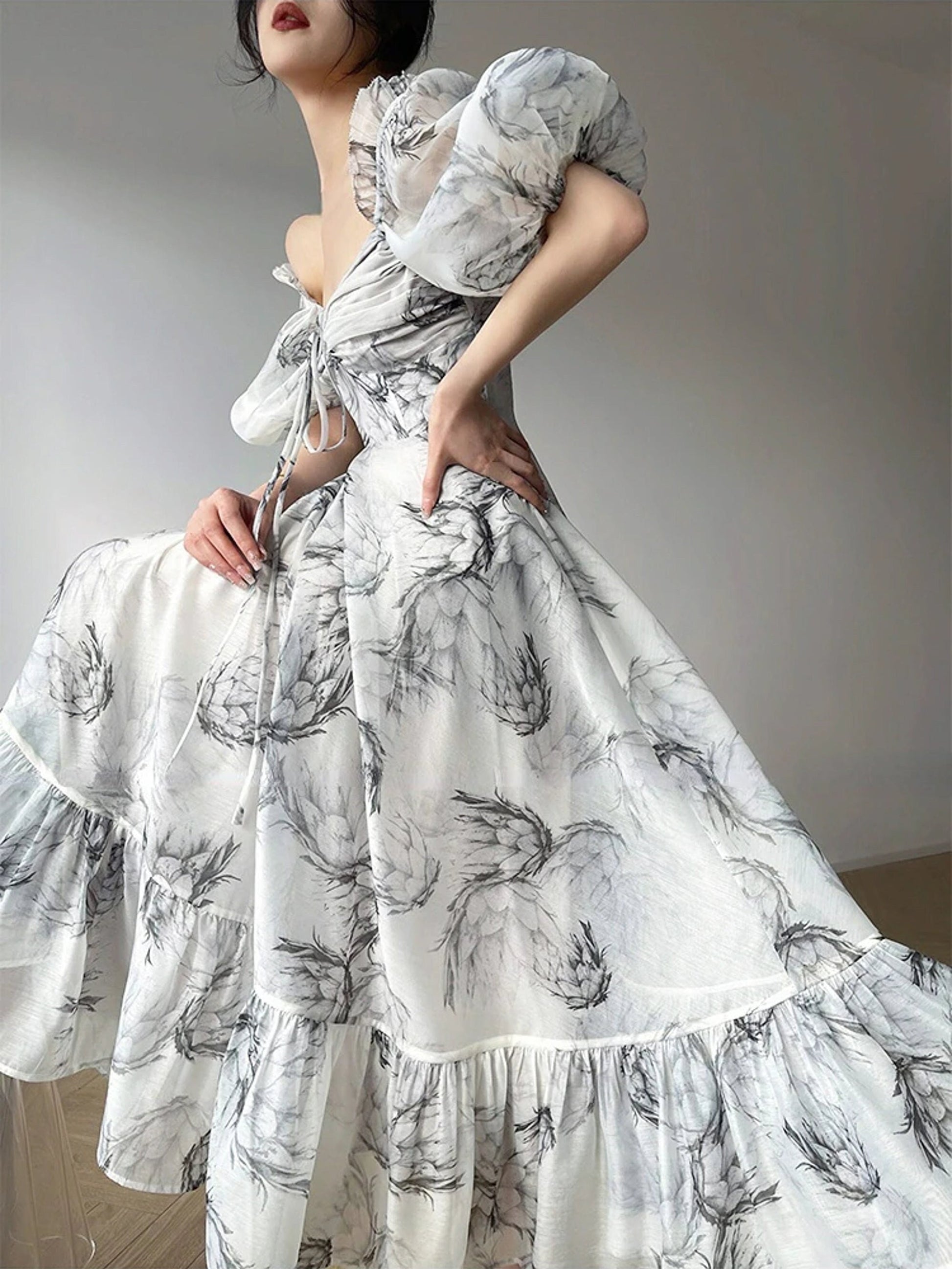 French Elegant Midi Dress | Summer Square Collar Puff Sleeve Print Ruffles | Korean Fashion Long Dress