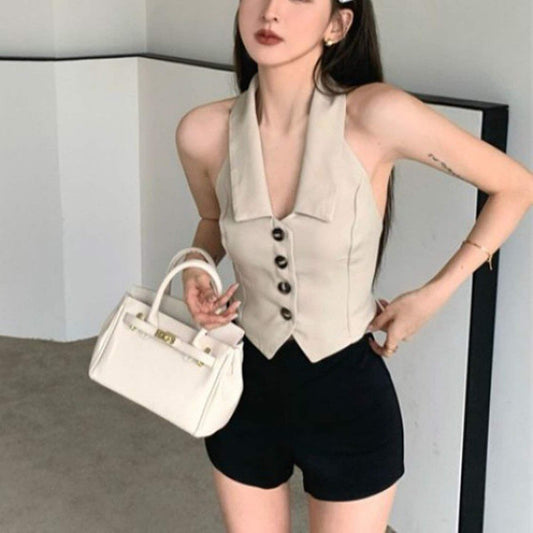 Polo Collar Halter Neck Bustier Crop Top | Y2K Fashion Old Money Style Top | Aesthetic Office Style Blouse