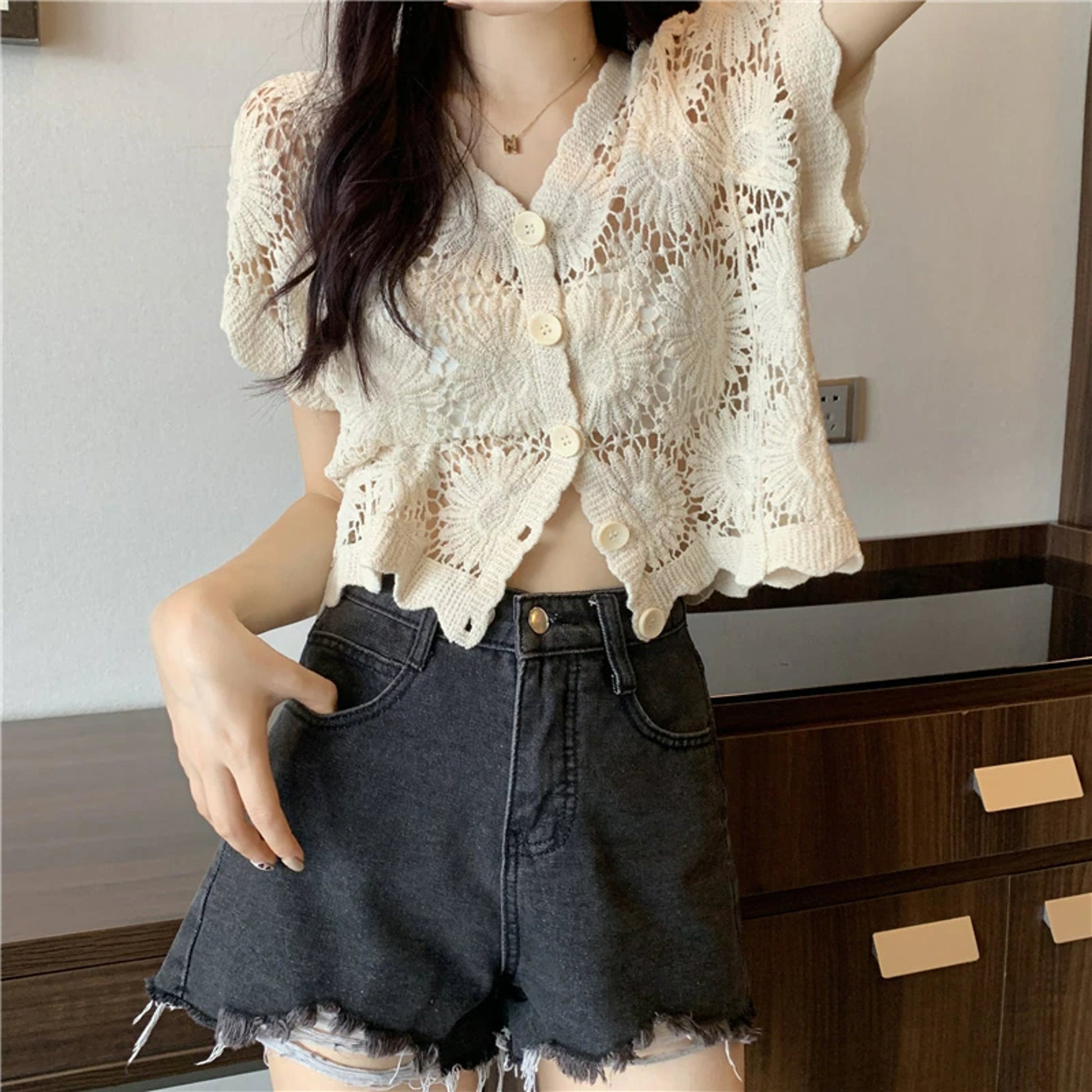 Retro Floral Knitted Summer Cardigan | Crochet Cropped Summer Cardigan | Korean Fashion Lace Blouse