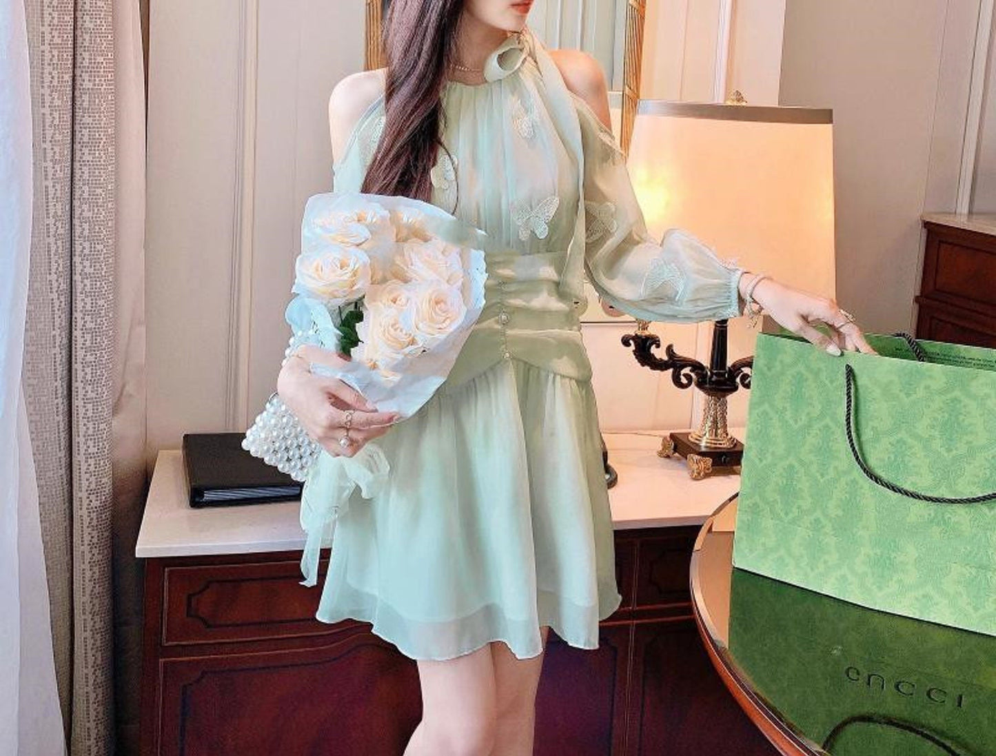 Kawaii Sea Green Butterfly Detailed Lace Dress | Tulle Dress | Mini Korean Fashion Princess Dress