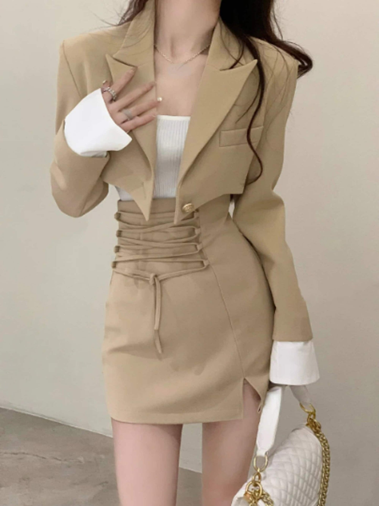 Y2K Style Three Piece Suit Dress | Light Academia Mini Skirt and Crop Blazer Jacket White Crop Top | Office | Korean Fashion