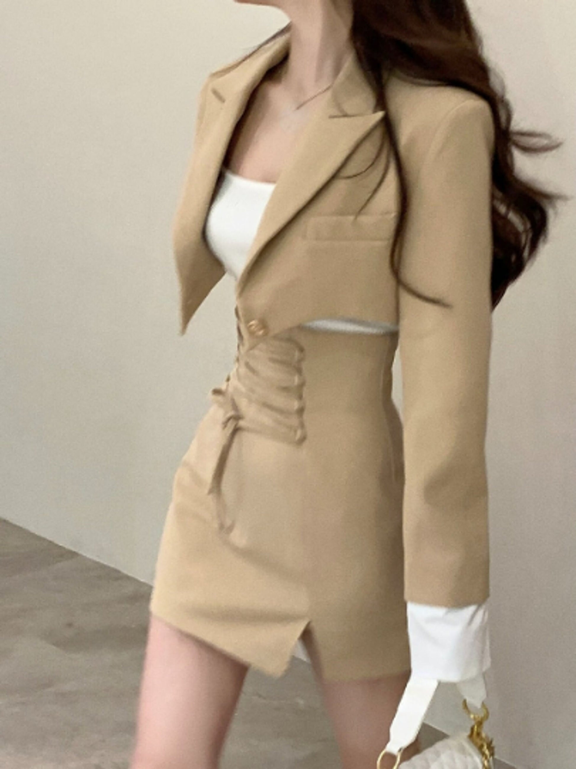 Y2K Style Three Piece Suit Dress | Light Academia Mini Skirt and Crop Blazer Jacket White Crop Top | Office | Korean Fashion