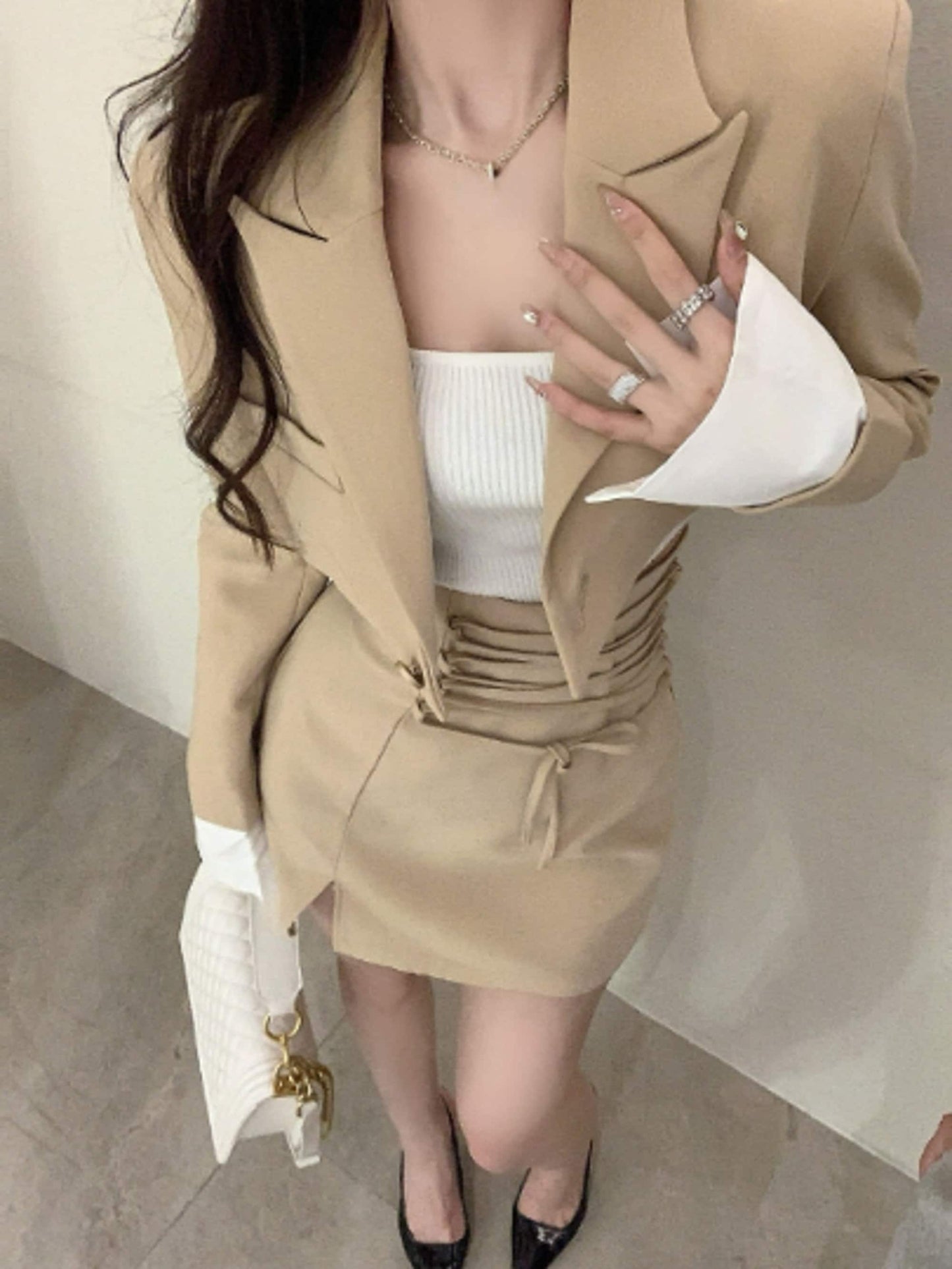 Y2K Style Three Piece Suit Dress | Light Academia Mini Skirt and Crop Blazer Jacket White Crop Top | Office | Korean Fashion