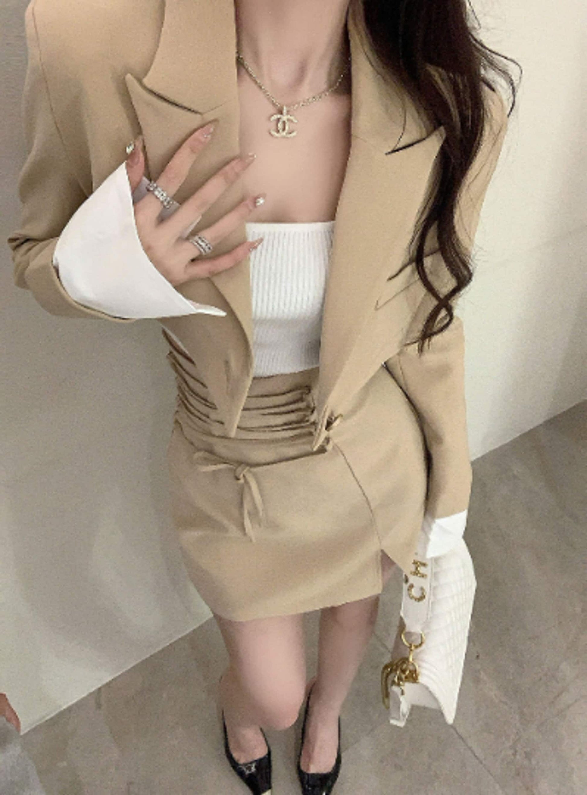 Y2K Style Three Piece Suit Dress | Light Academia Mini Skirt and Crop Blazer Jacket White Crop Top | Office | Korean Fashion