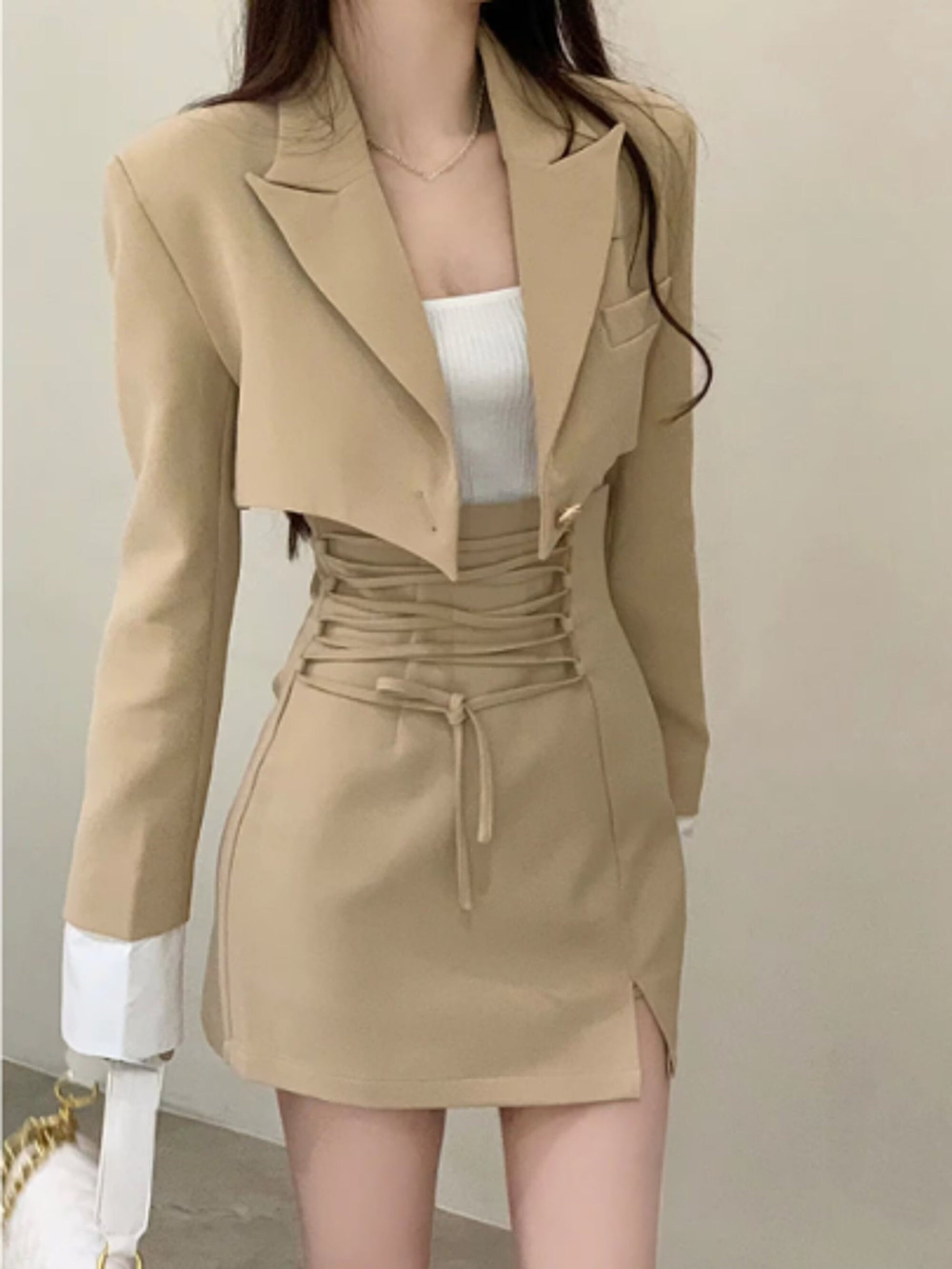 Y2K Style Three Piece Suit Dress | Light Academia Mini Skirt and Crop Blazer Jacket White Crop Top | Office | Korean Fashion