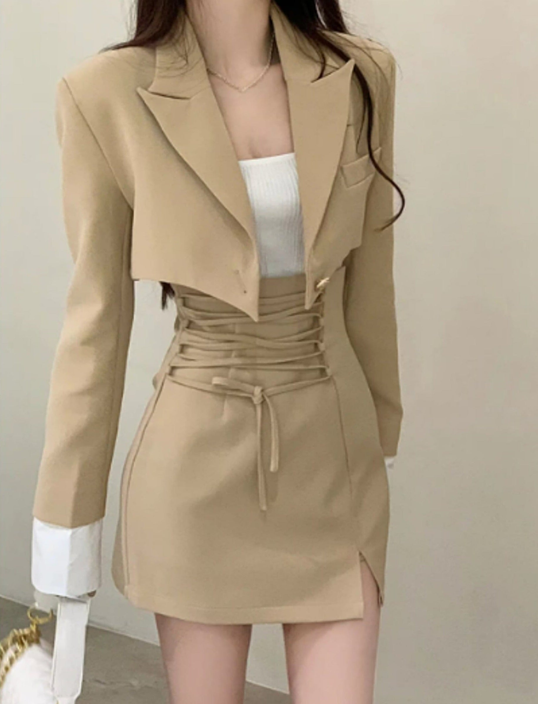 Y2K Style Three Piece Suit Dress | Light Academia Mini Skirt and Crop Blazer Jacket White Crop Top | Office | Korean Fashion