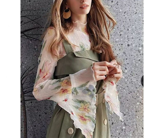 Vintage Chiffon Floral Blouse | Korean Fashion | Turtleneck See Through Blouse | Lolita Top with Lantern Sleeves