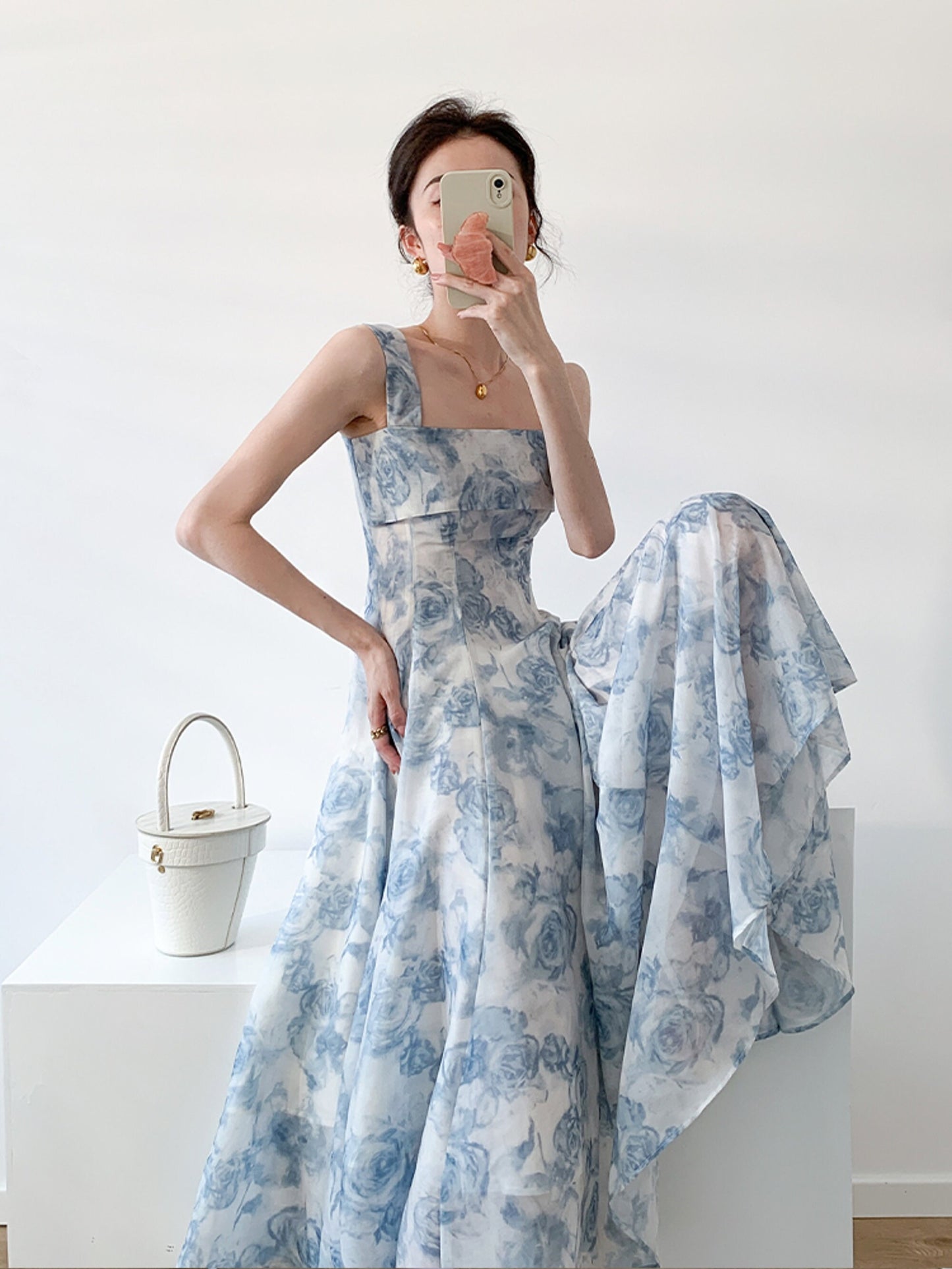 Maxi French Style Floral Blue Rose Fairy Tulle Dress | Hollow Out Square Collar Lantern Sleeve Party Midi Dress | Sun Dress