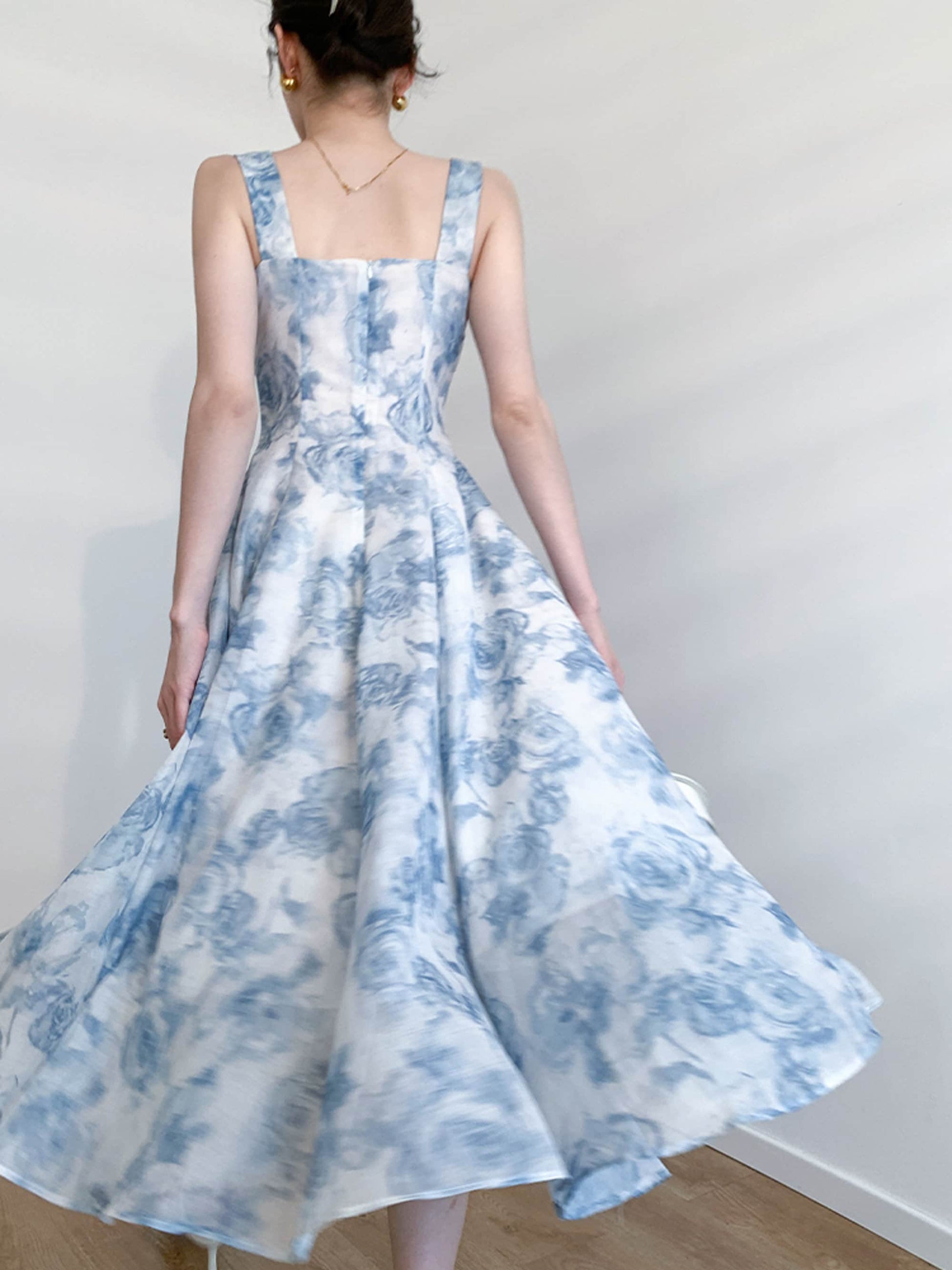 Maxi French Style Floral Blue Rose Fairy Tulle Dress | Hollow Out Square Collar Lantern Sleeve Party Midi Dress | Sun Dress