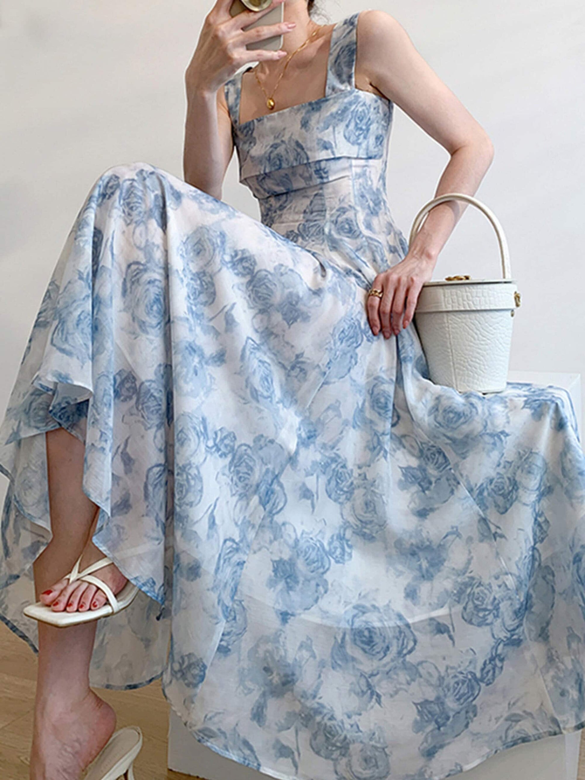 Maxi French Style Floral Blue Rose Fairy Tulle Dress | Hollow Out Square Collar Lantern Sleeve Party Midi Dress | Sun Dress