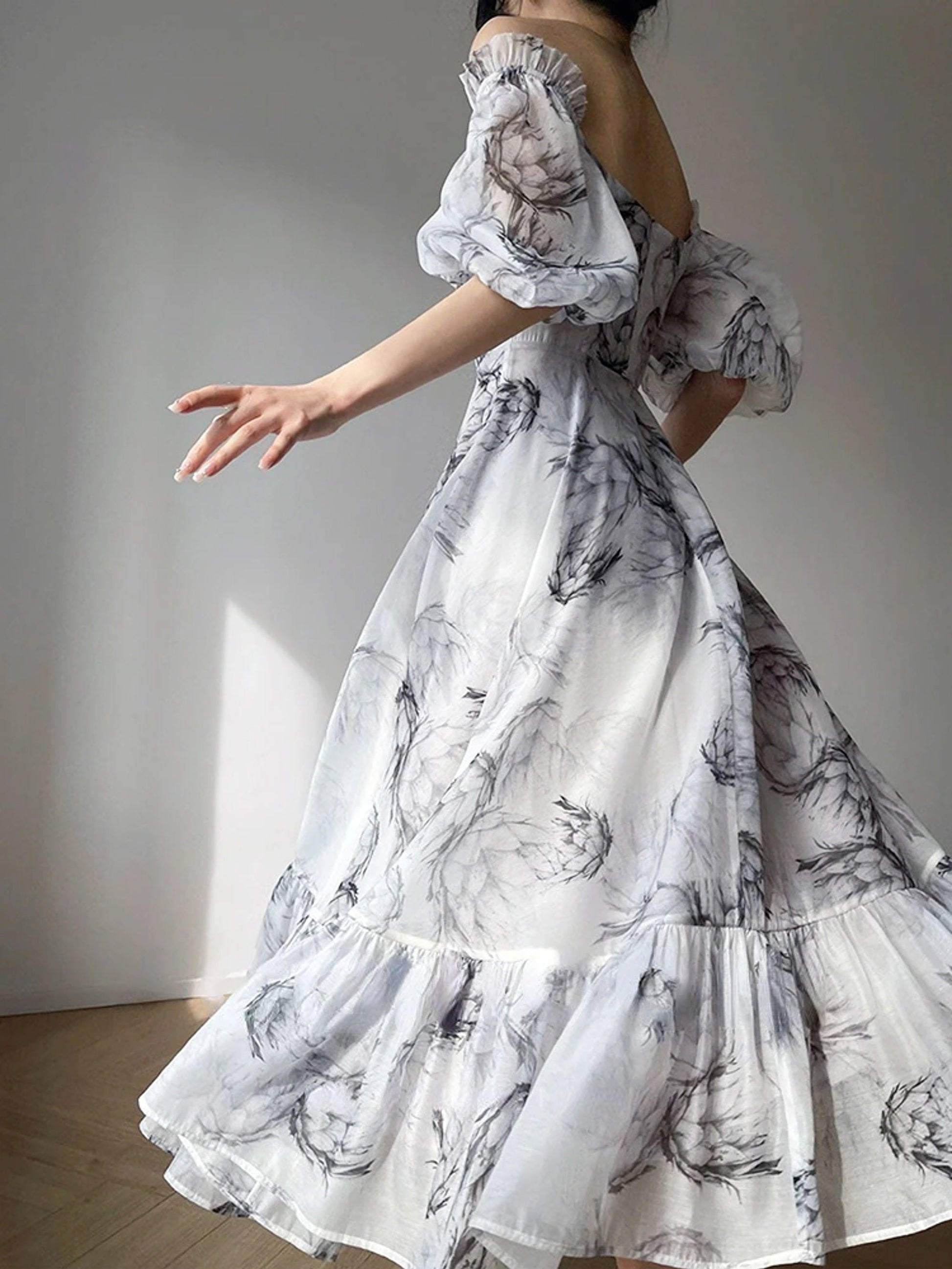 French Elegant Midi Dress | Summer Square Collar Puff Sleeve Print Ruffles | Korean Fashion Long Dress