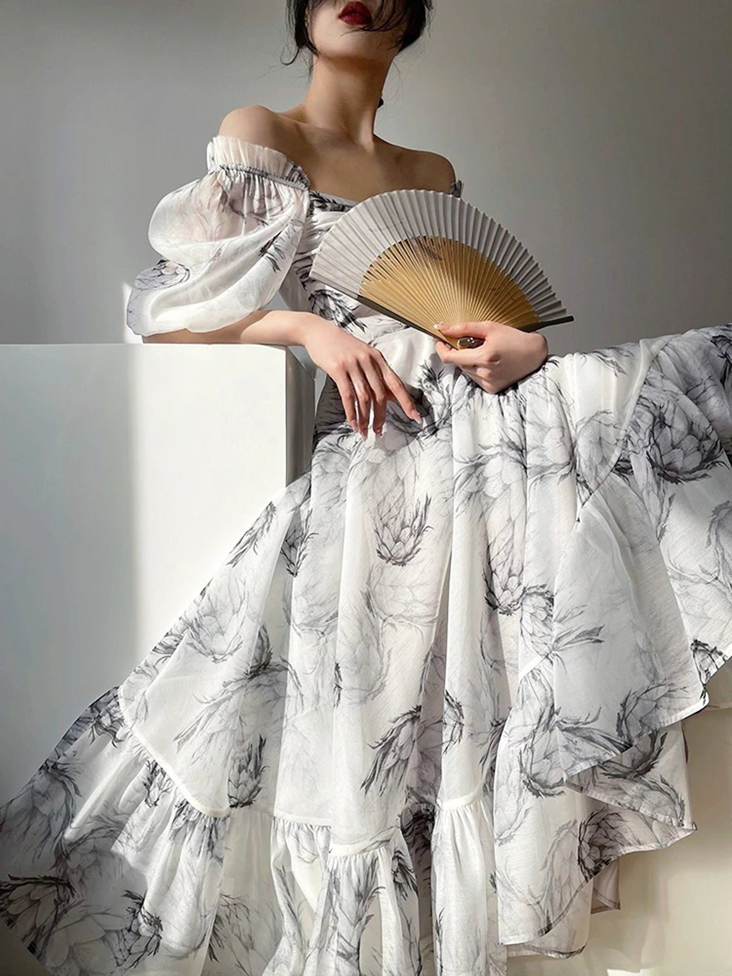 French Elegant Midi Dress | Summer Square Collar Puff Sleeve Print Ruffles | Korean Fashion Long Dress